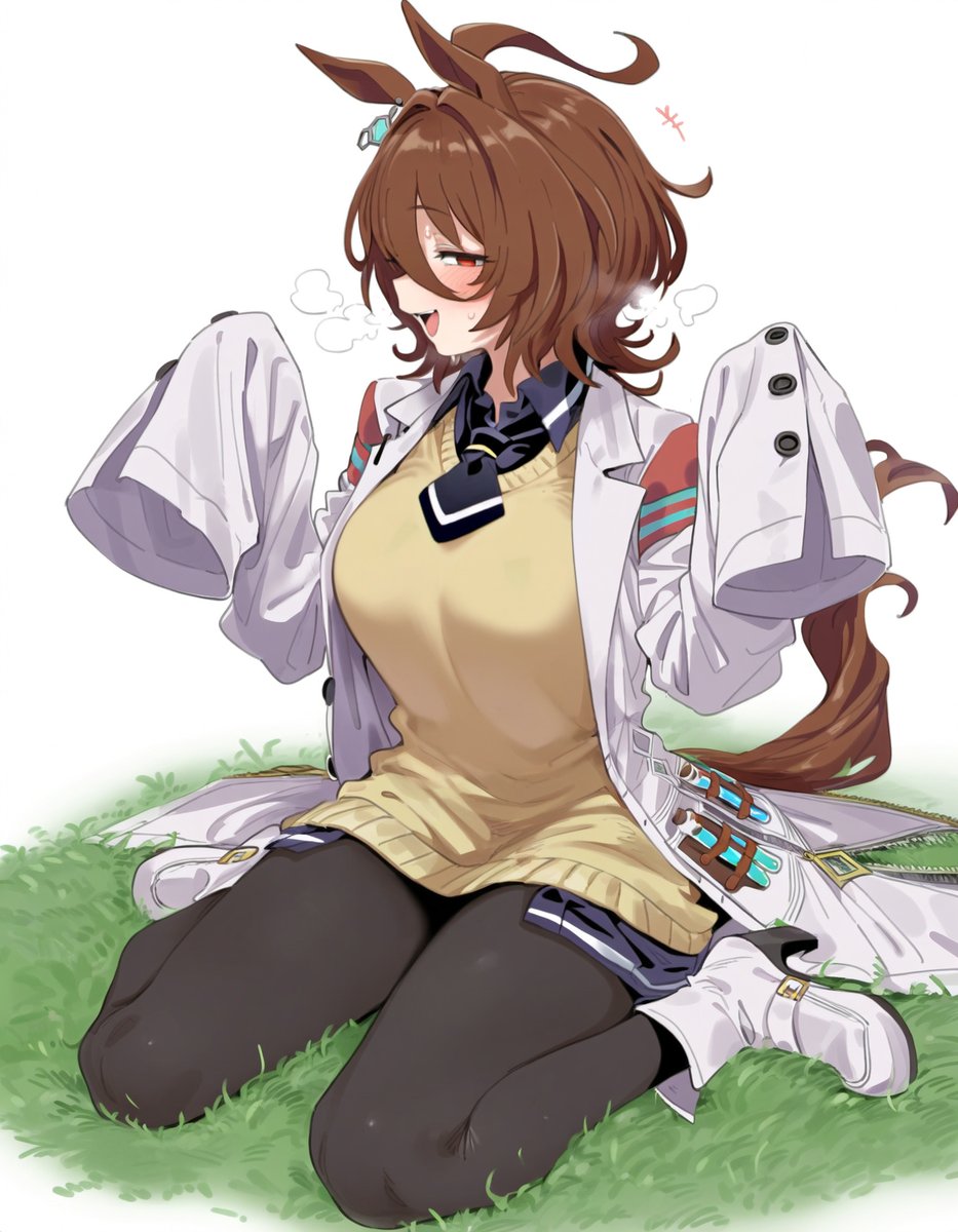 +++, 1girls, agnes tachyon (umamusume), ahoge, ai generated, animal ears, ankle boots, ascot, bangs, big breasts, black ascot, black pantyhose, black shirt, blush, boots, breath, brown hair, buttons, coat, collared shirt, female, female only, full body, grass, hair between eyes, hair intakes, half-closed eye, hands up, homeno v, horse ears, horse girl, horse tail, looking at viewer, open clothes, open coat, open mouth, oversized clothes, pantyhose, plant, profile, red eyes, shirt, short hair, simple background, sitting, sleeves past fingers, sleeves past wrists, solo, sweat, sweater, tail, umamusume, vial, wariza, white background, white coat, white footwear, yellow sweater