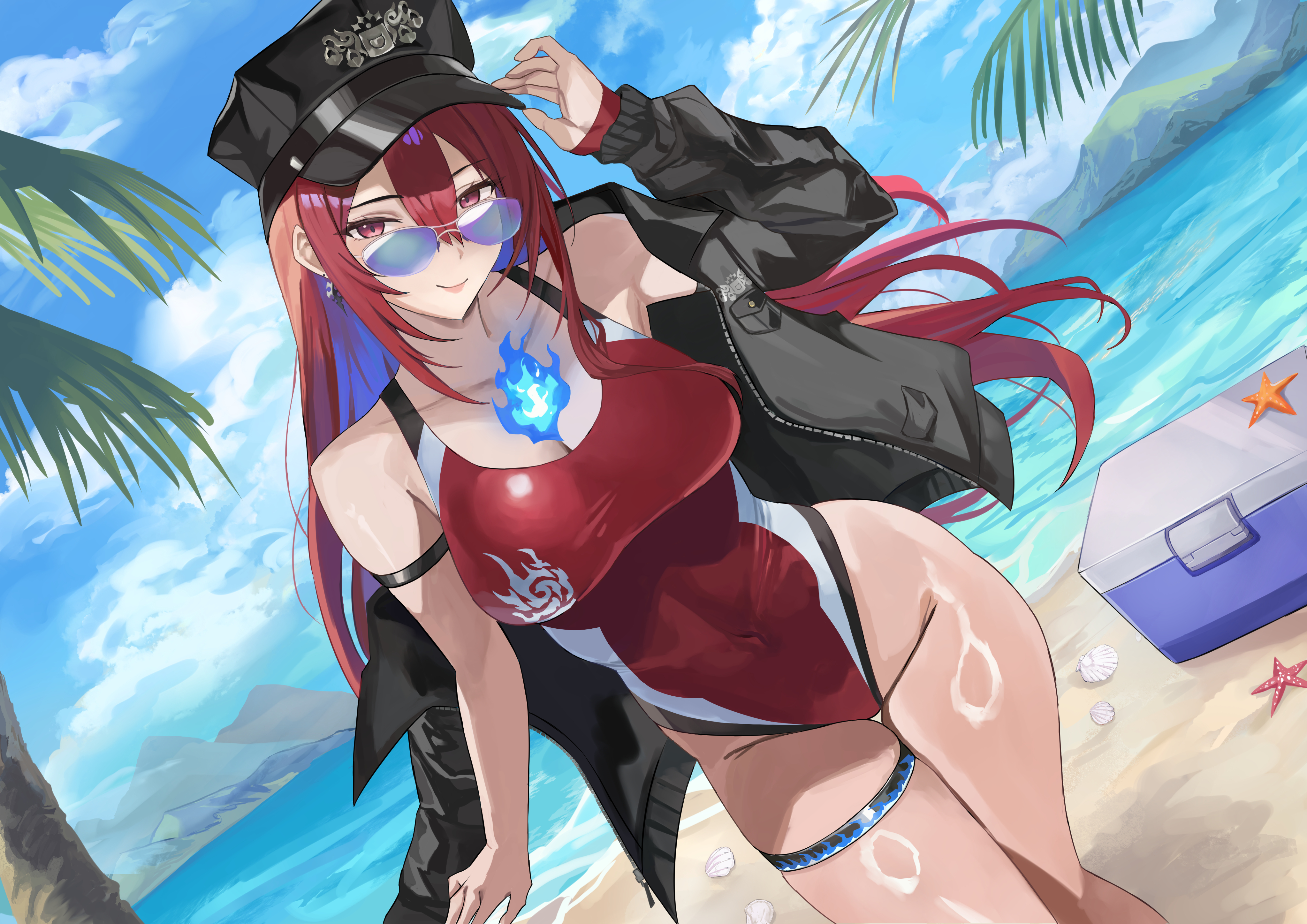 1girls, absurd res, absurdres, beach, black hat, black jacket, blue fire, blue hair, blue sky, breasts, cleavage, cloud, cooler, day, elizabeth rose bloodflame, elizabeth rose bloodflame (holonatsu paradise), female, female only, fire, hat, highres, hololive, hololive english, hololive english -justice-, holonatsu paradise, jacket, large breasts, looking at viewer, miko 4013, multicolored hair, ocean, one-piece swimsuit, outdoors, palm tree, peaked cap, red eyes, red hair, red one-piece swimsuit, sky, solo, starfish, swimsuit, thigh strap, tree, two-tone hair, virtual youtuber, water