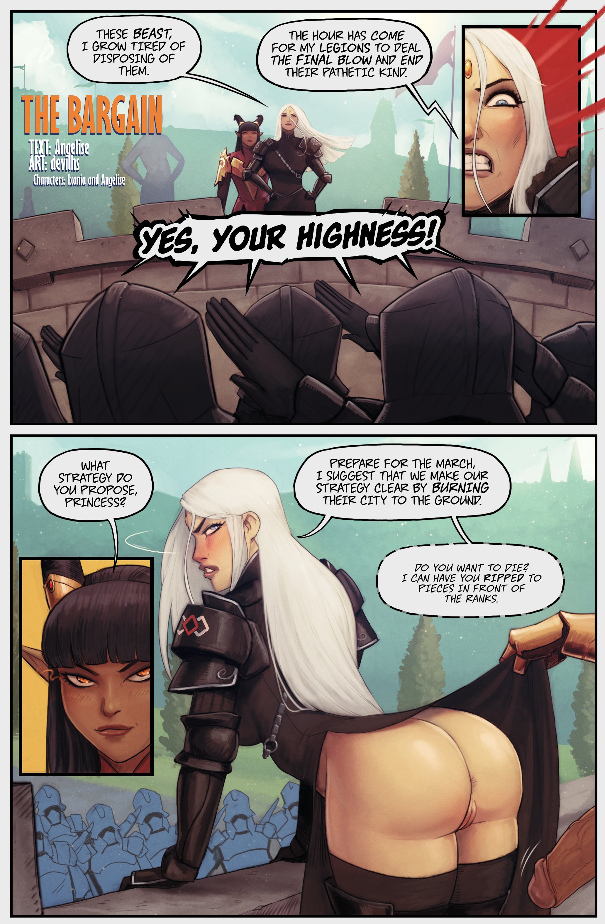 1futa, 1girls, angelise reiter, dark-skinned futa, devil hs, final fantasy xiv, futa with female, futanari, imminent sex, ixania, no panties, oc, skirt lift, tagme