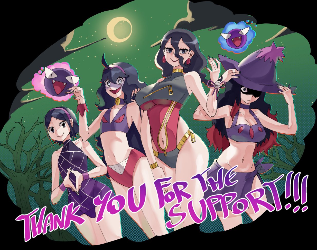 4girls, accurate body type, accurate proportions, ahoge, alternate color, alternate costume, banette (cosplay), bare tree, beta hex maniac, beta occult maniac, bikini, bikini skirt, black hair, black nails, black one-piece swimsuit, bracelet, breast zipper, breasts, character print, choker, cleavage, clothing cutout, cloud, colored tips, commission, cosplay, covered navel, crescent moon, death stare, earrings, english text, expressionless, fangs, female, female only, fingernails, flat chest, floating, gastly, gen 1 pokemon, gen 4 pokemon, gengar (cosplay), ghost, ghost pose, gold, gold bracelet, gold zipper, green sky, hair between eyes, hairband, half-closed eyes, hand up, hands up, hat, hex maniac, hex maniac (pokemon legends: z-a), hex maniac (pokemon rse), hex maniac (pokemon xy), jewelry, large breasts, lipstick, long hair, looking at viewer, makeup, messy hair, mismagius, mismagius (cosplay), moon, multicolored hair, multiple girls, multiple persona, mumargi, mumargi (cosplay), nail polish, navel, navel cutout, night, night sky, nintendo, npc trainer, occult maniac, occult maniac (pokemon legends: z-a), occult maniac (pokemon rse), occult maniac (pokemon xy), occult maniac (pokemon), occult maniac (z-a), official alternate color, one eye in shadow, one-piece swimsuit, open mouth, outdoors, own hands together, parted bangs, partially shaded face, pear-shaped figure, pokemon, pokemon (cosplay), pokemon (creature), pokemon legends: z-a, pokemon rse, pokemon xy, purple bikini, purple choker, purple hairband, purple hat, purple lips, purple one-piece swimsuit, purple ribbon, purple sarong, red hair, red one-piece swimsuit, ribbon, sarong, shiny pokemon, short hair, sky, smile, spider web print, star (sky), swimsuit, thank you, themed clothes, tree, two-tone hair, two-tone swimsuit, wanderjegson, witch hat, wrist ribbon, wristband, zipper, zipper pull tab
