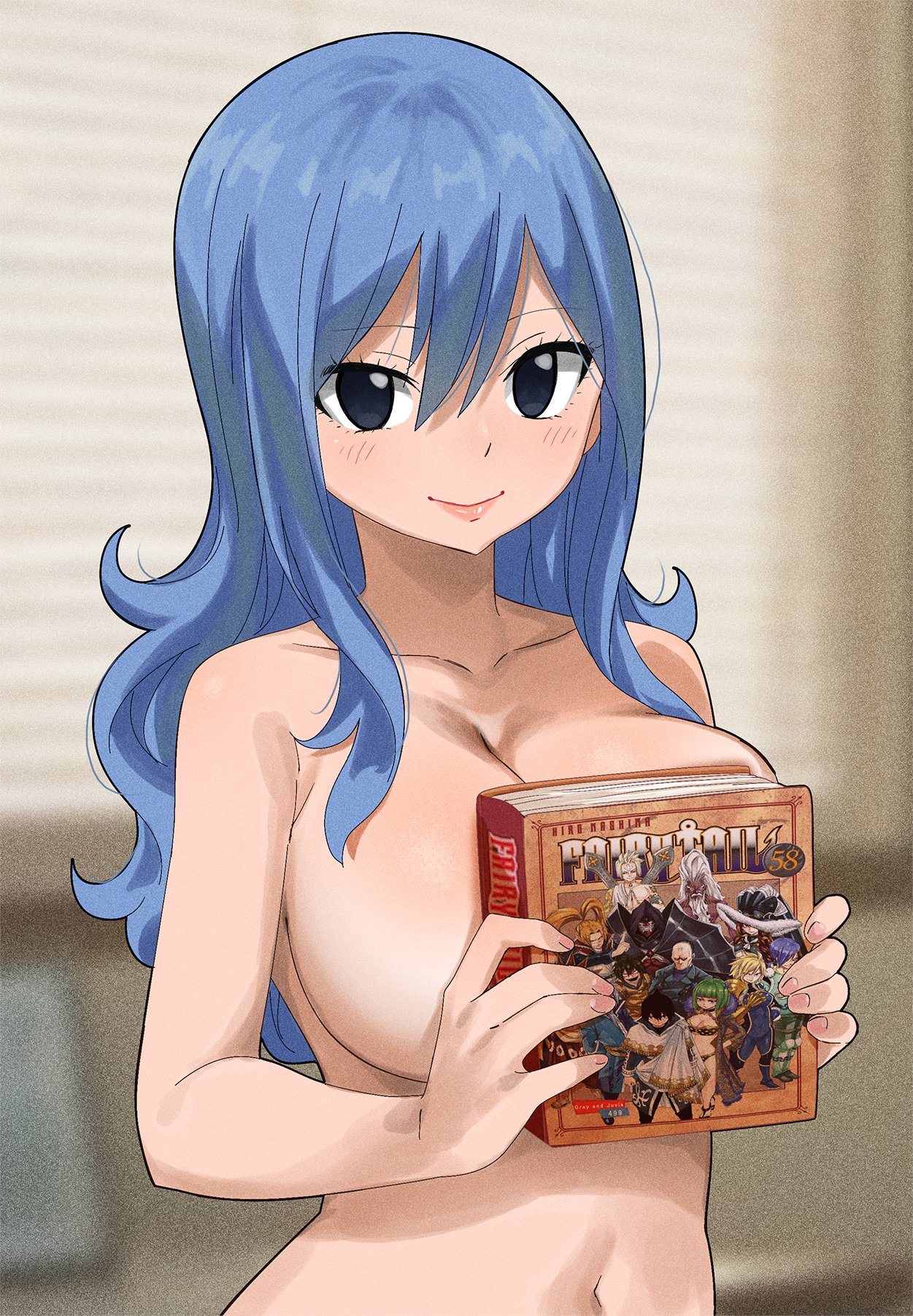 1girls, black eyes, blue eyes, blue hair, blue-haired female, blush, blush lines, blushing, book, book covering breasts, breasts, fairy tail, female, gaston18, highres, holding, holding book, huge breasts, juvia lockser, long hair, looking at viewer, meme, navel, nude, upper body