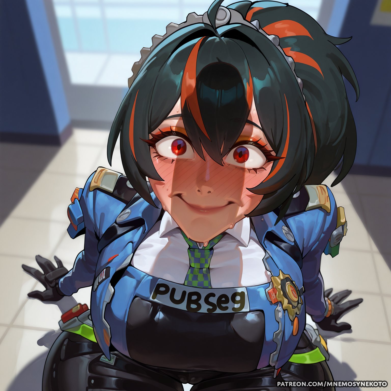 1boy1girl, ai generated, big ass, big breasts, blush, female focus, flustered, gloves, huge ass, huge breasts, looking at viewer, mnemosynekoto, penis awe, penis shadow, police, police uniform, red eyes, sitting, thick thighs, tie, tied hair, zenless zone zero, zhu yuan