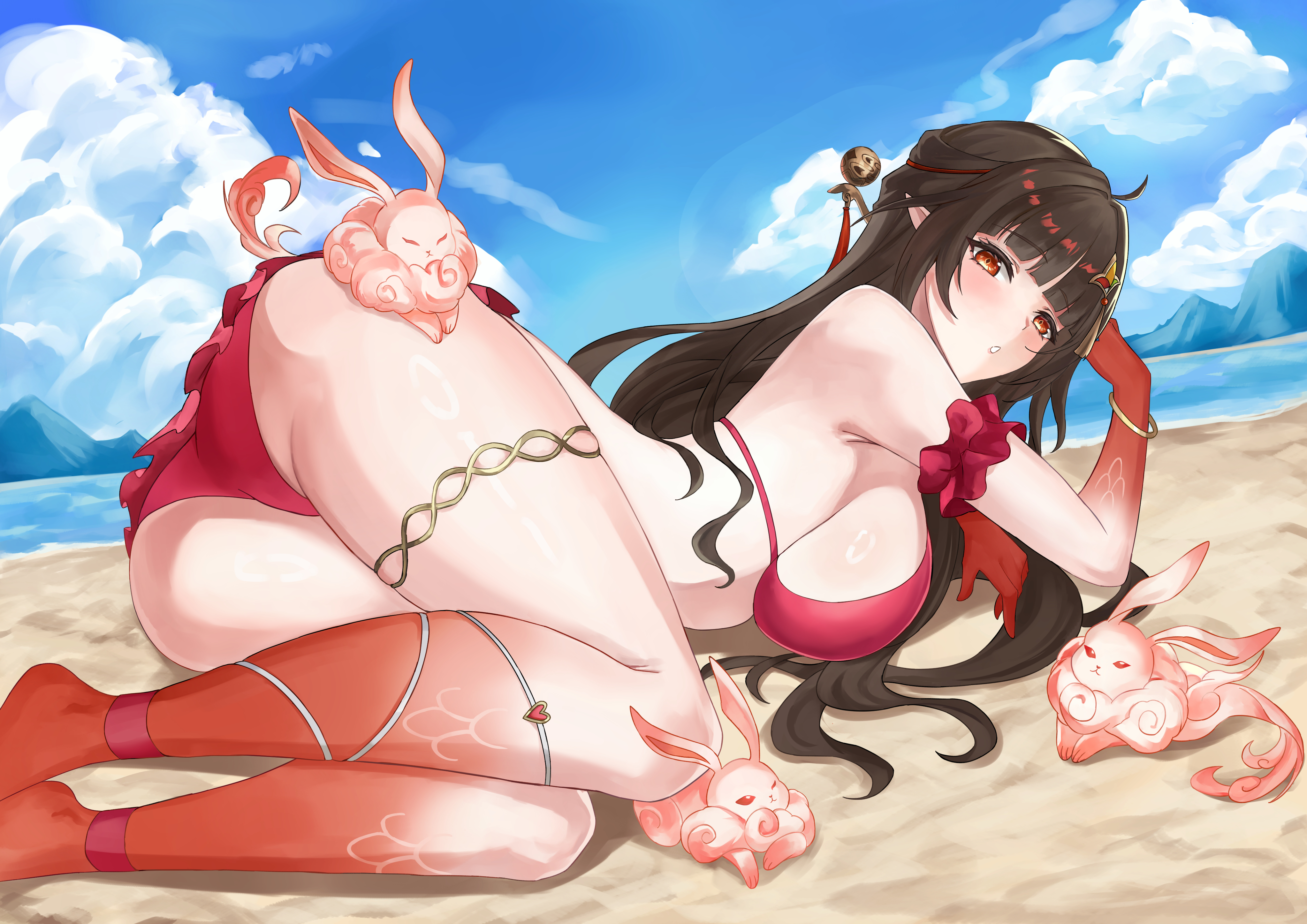 :o, 1girls, absurdres, ass, bare legs, bare shoulders, beach, bikini, black hair, blue sky, bracelet, breasts, cloud, colored extremities, commentary, english commentary, feet out of frame, female, female only, from side, fuyuan (honkai: star rail), hair ornament, highres, honkai (series), honkai: star rail, jewelry, legs, lingsha (honkai: star rail), long hair, lying, miko 4013, on side, pointy ears, red bikini, red eyes, red hands, sand, sideboob, sky, swimsuit, thigh strap, thighs