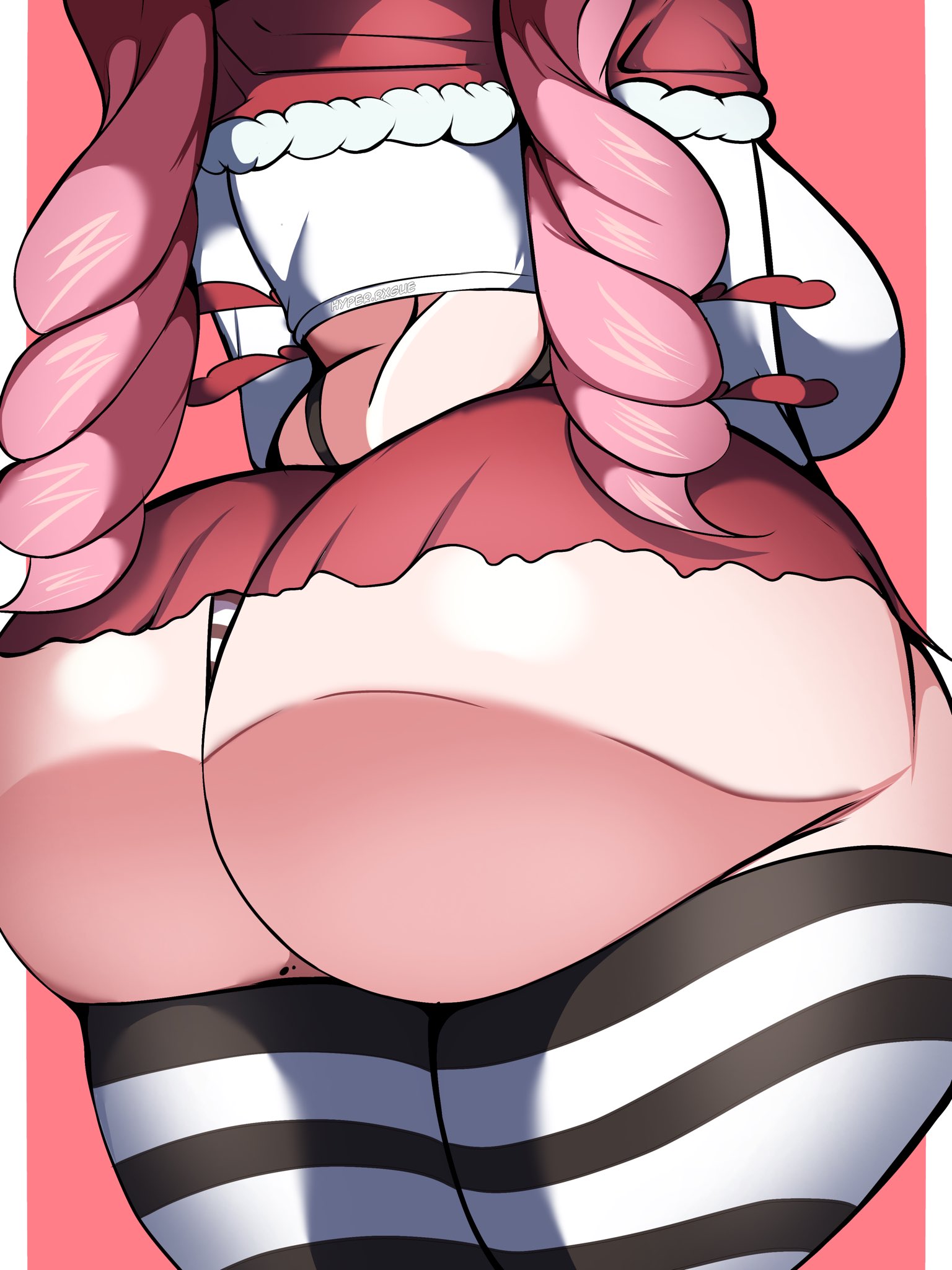 1girls, ass, ass focus, ass hanging out, ass hanging out of skirt, big ass, big breasts, bottom heavy, breasts, bubble butt, clothing, fat ass, female, female only, gluteal fold, huge ass, hyperrxgue, large ass, legwear, massive ass, one piece, panties, perona, pink hair, pink-haired female, rear view, shirt, skirt, solo, thick ass, thick thighs, thighhighs, thunder thighs, wide hips
