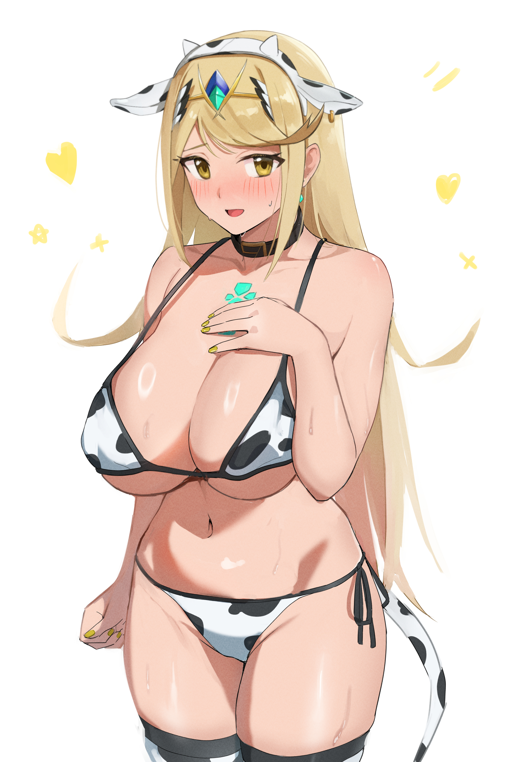 absurdres, animal ears, animal print, bikini, blonde hair, blush, breasts, cow ears, cow horns, cow print, cow print bikini, fake animal ears, fake horns, female, female only, hand on own chest, heart, highres, horns, large breasts, light smile, long hair, mythra, mythra (xenoblade), navel, open mouth, oruru63100814, print bikini, simple background, solo, stomach, swimsuit, white background, xenoblade (series), xenoblade chronicles 2