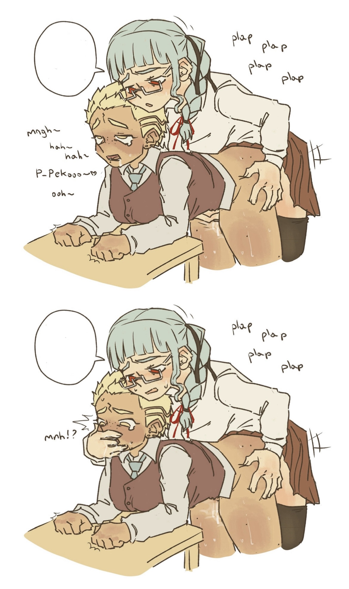1cuntboy, 1futa, against surface, against table, ass grab, clothed, comic, cuntboy, danganronpa, danganronpa 2: goodbye despair, doggy style, drooling, fingers in mouth, from behind, futa on cuntboy, futanari, fuyuhiko kuzuryuu, pek0kuzu, pekoyama peko, tearing up, vaginal penetration