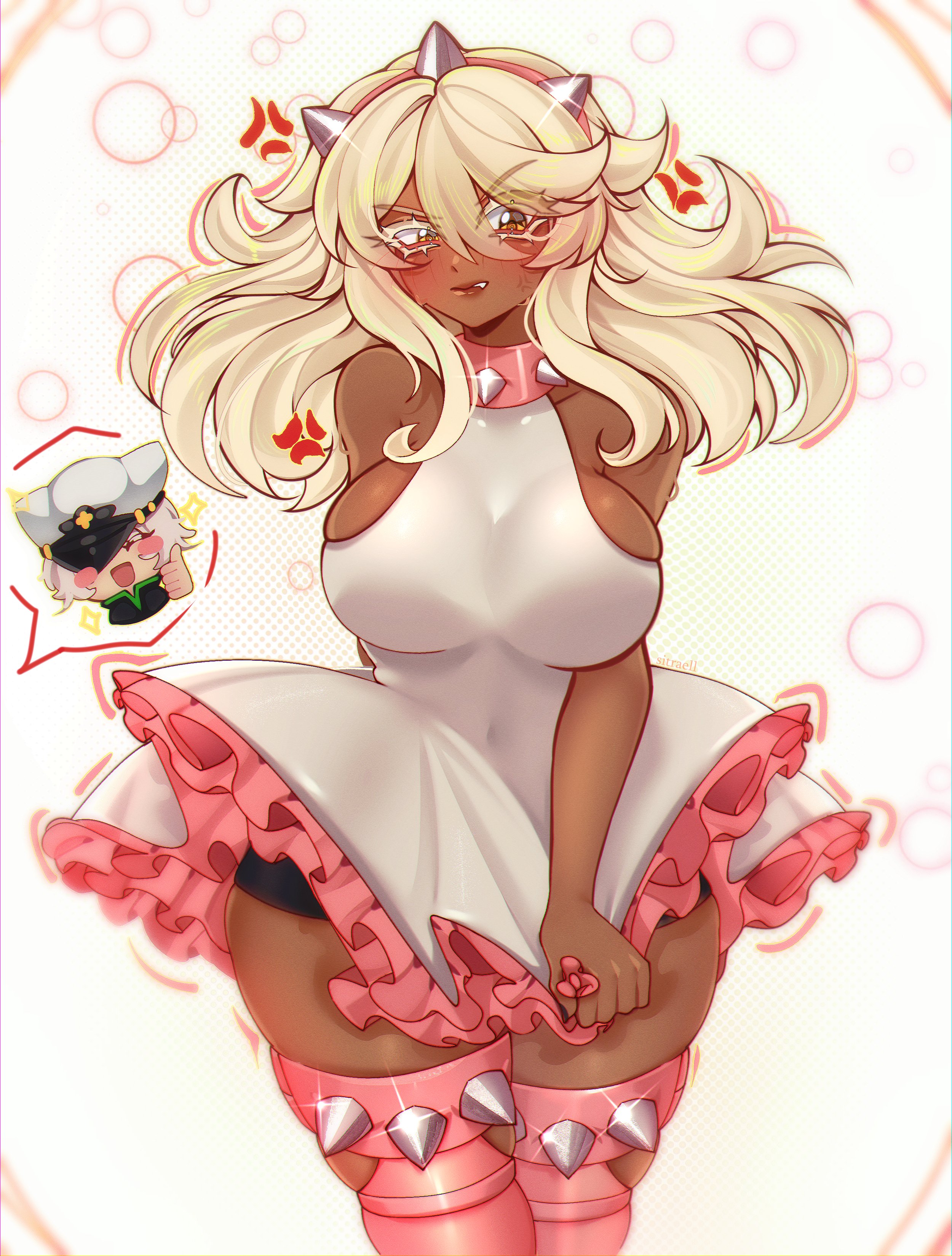 2girls, angry face, big breasts, blonde hair, choker, cosplay, dark skin, dark-skinned female, elphelt valentine, elphelt valentine (cosplay), guilty gear, guilty gear strive, happy face, ramlethal valentine, sideboob, sitraell, tagme, thick thighs