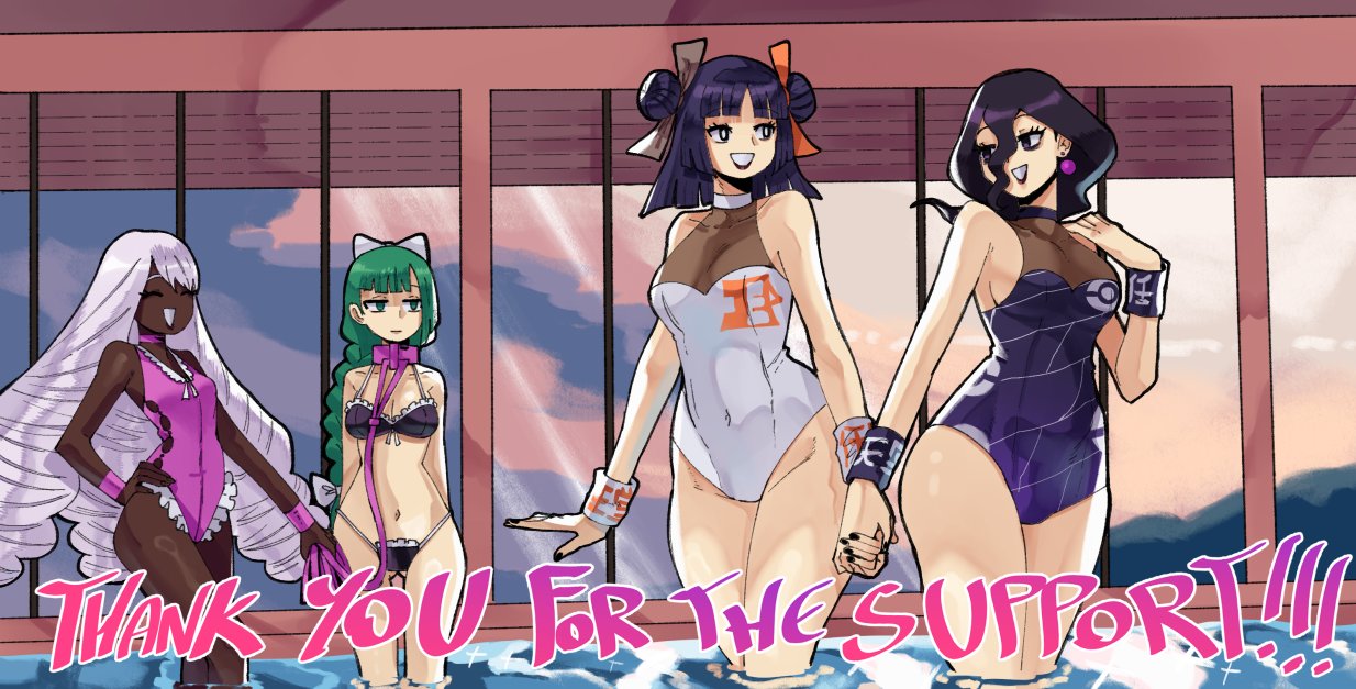 4girls, accurate body type, accurate proportions, adapted costume, alternate costume, bare shoulders, bikini, black bikini, black lipstick, black nails, blunt bangs, blunt ends, braid, braided ponytail, breasts, cleavage, closed eyes, cloud, collar, commission, dark skin, dark-skinned female, double bun, earrings, expressionless, female, female only, fist print, flat chest, frilled one-piece swimsuit, frills, green hair, hair between eyes, hair bun, half-closed eyes, hand up, harujio (pokemon), hex maniac, hex maniac (pokemon legends: z-a), holding, holding hands, holding leash, hyper training npc (pokemon legends: z-a), indoors, jacinthe (pokemon), jewelry, leash, lebanne (pokemon), lipstick, long hair, low drills, low ponytail, maid, maid bikini, maid headdress, makeup, master and servant, medium breasts, multiple girls, nail polish, navel, nintendo, npc, occult maniac, occult maniac (pokemon legends: z-a), occult maniac (pokemon), occult maniac (z-a), one-piece swimsuit, open mouth, parted lips, pet play, pokemon, pokemon legends: z-a, ponytail, pool, purple hair, purple lips, purple one-piece swimsuit, see-through cleavage, see-through clothes, short hair, smile, sphere earrings, swimsuit, thank you, unconventional maid, very dark skin, very long hair, wading, wanderjegson, water, white one-piece swimsuit, window, wristband, yukari (pokemon)