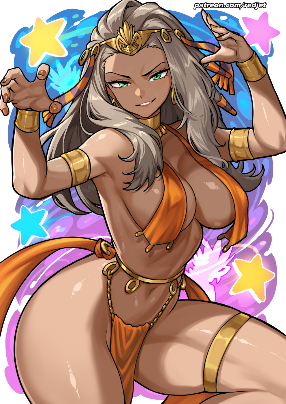 1girls, ancient egyptian, ancient egyptian clothes, breast curtains, breasts, commentary, dark skin, dark-skinned female, female, game freak, green eyes, grey hair, highres, large breasts, long hair, looking at viewer, navel, nintendo, patreon username, pelvic curtain, pokemon, pokemon sv, professor sada, professor sada (pokemon), redjet, smile, star (symbol), thigh strap, thighs