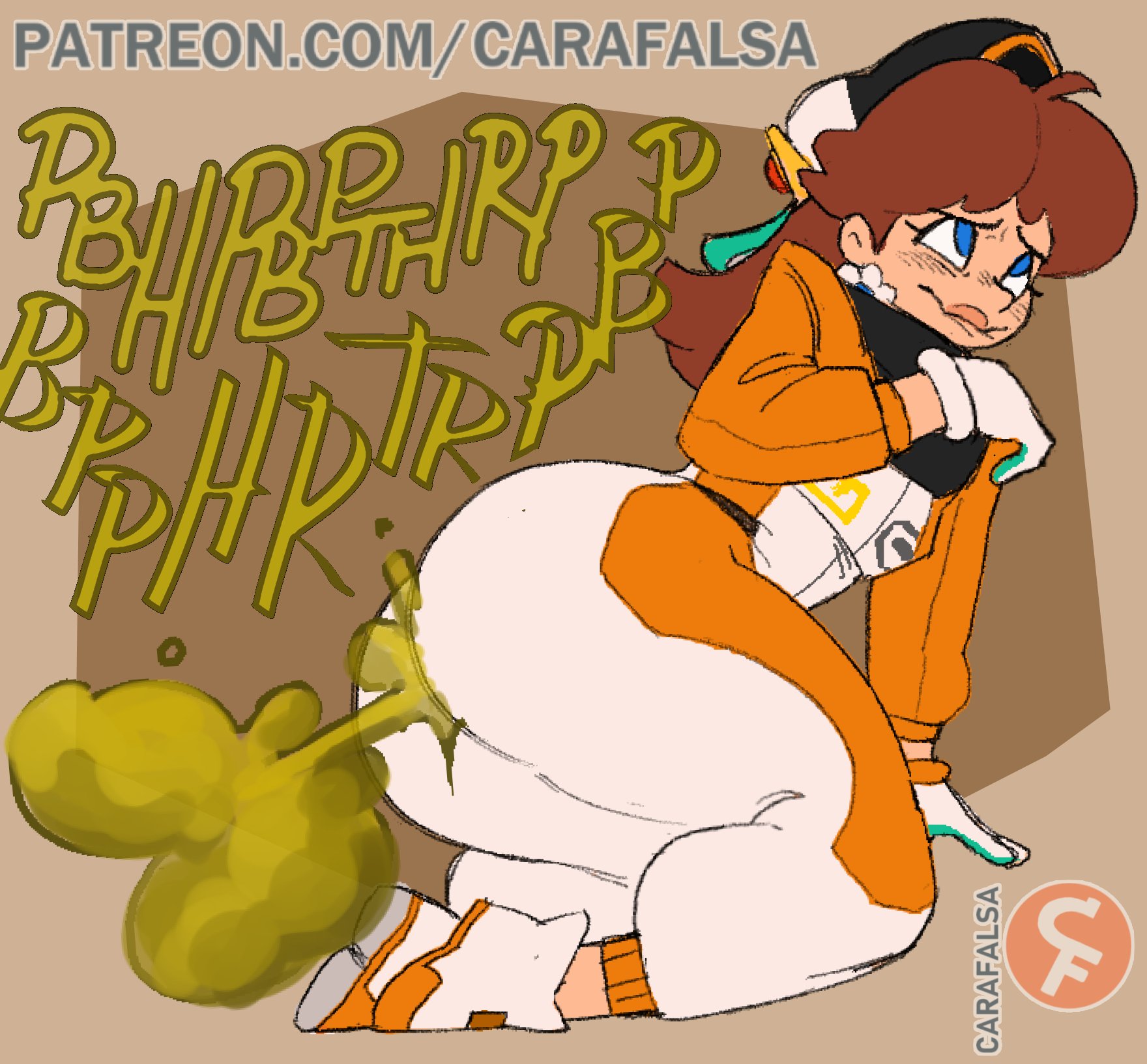 bubble butt, carafalsa, enjoying farting, fart, fart cloud, fart fetish, farting, looking pleasured, mario (series), nintendo, princess daisy, princess daisy (pro racer), tooting