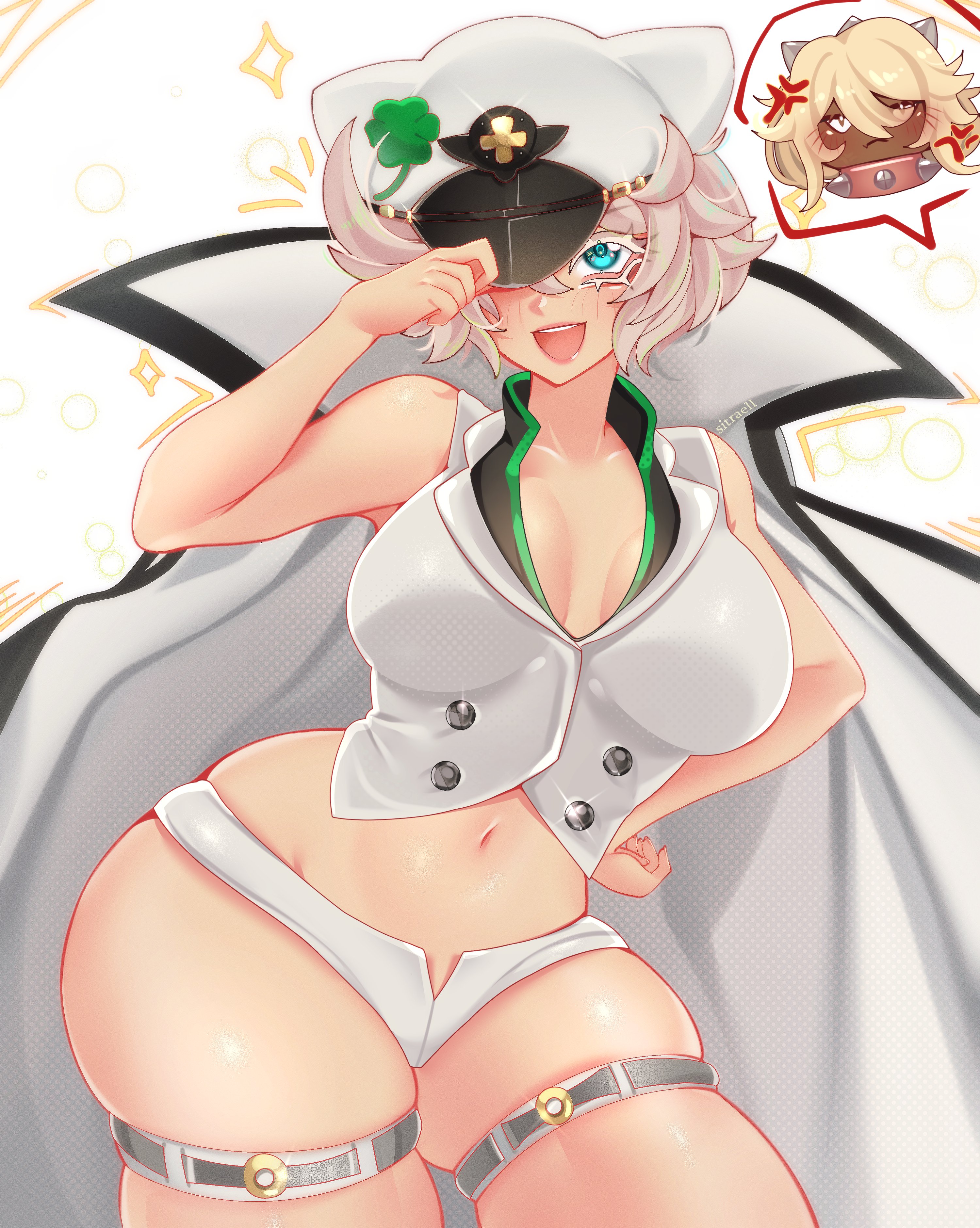 2girls, angry face, big ass, big breasts, boob window, coat, cosplay, elphelt valentine, guilty gear, guilty gear strive, happy face, hat, ramlethal valentine, ramlethal valentine (cosplay), simple background, sitraell, tagme, thick thighs, twitter link