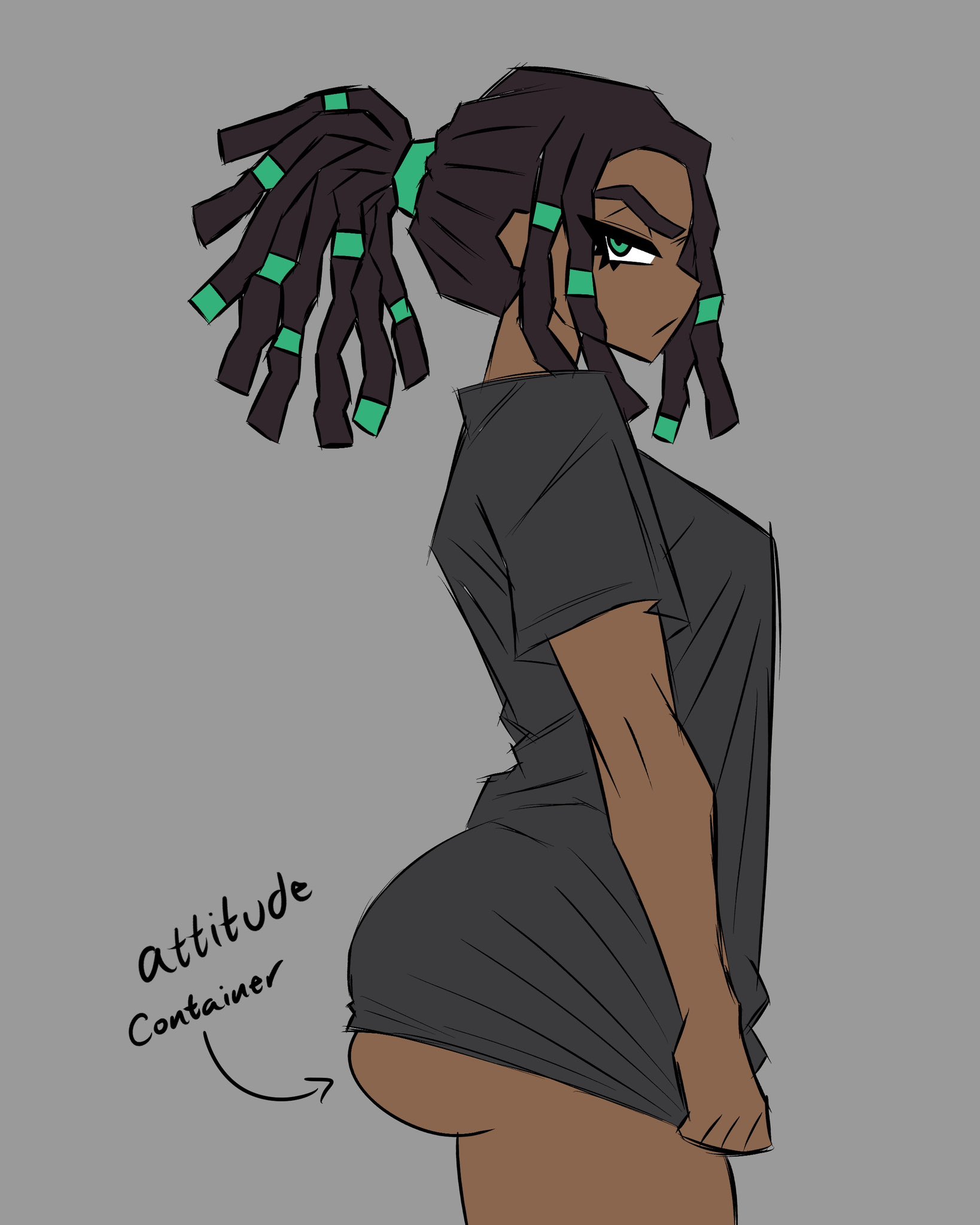 ass, badjujuarts, dark skin, dark-skinned female, evil container, meme, original, pulling down shirt, rox (badjujuarts), tagme