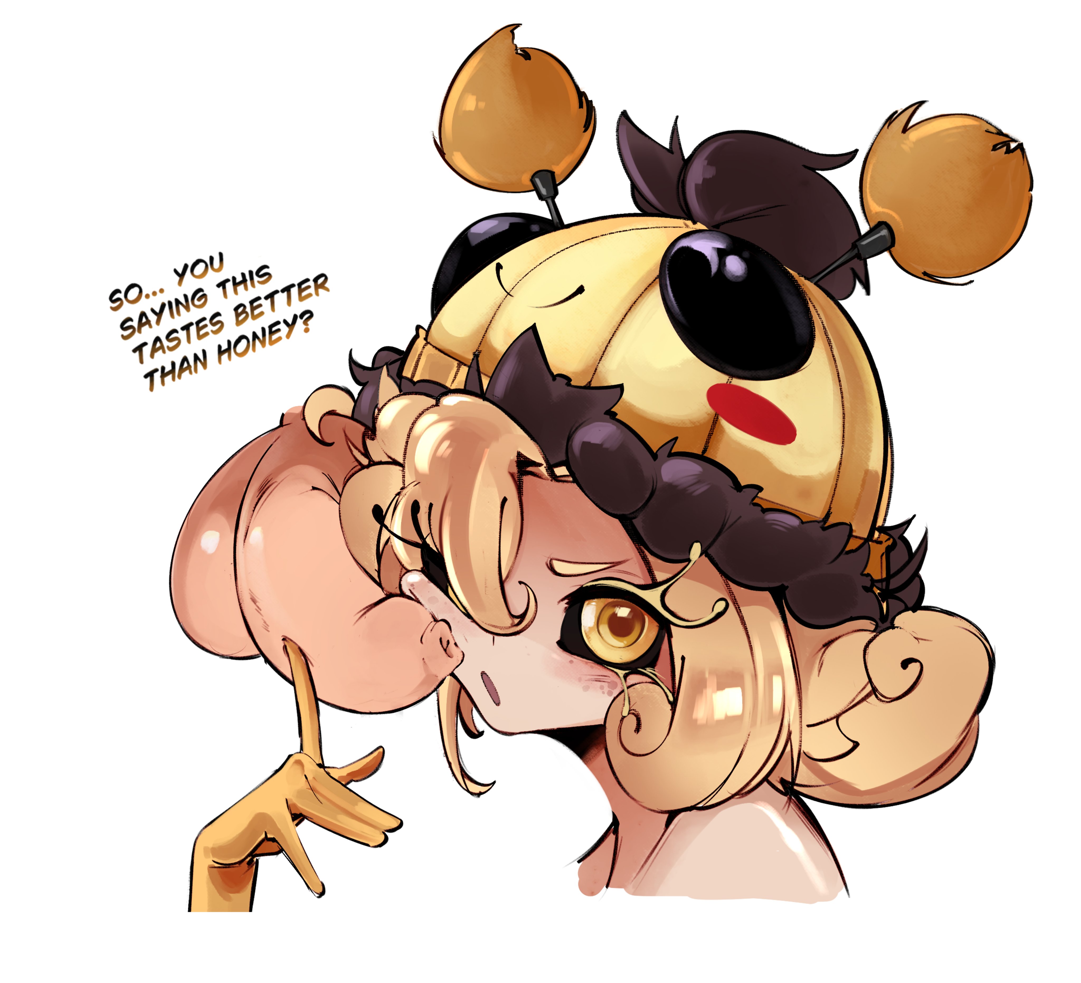 1boy, 1girls, beanie, beeko (neeko), bees series, blonde hair, blush, flaccid, foreskin, foreskin overhang, gloves, league of legends, looking at viewer, neeko, open mouth, penis, penis on face, short hair, text, twenty 2, uncircumcised, unretracted foreskin, vastaya, white background, yellow eyes
