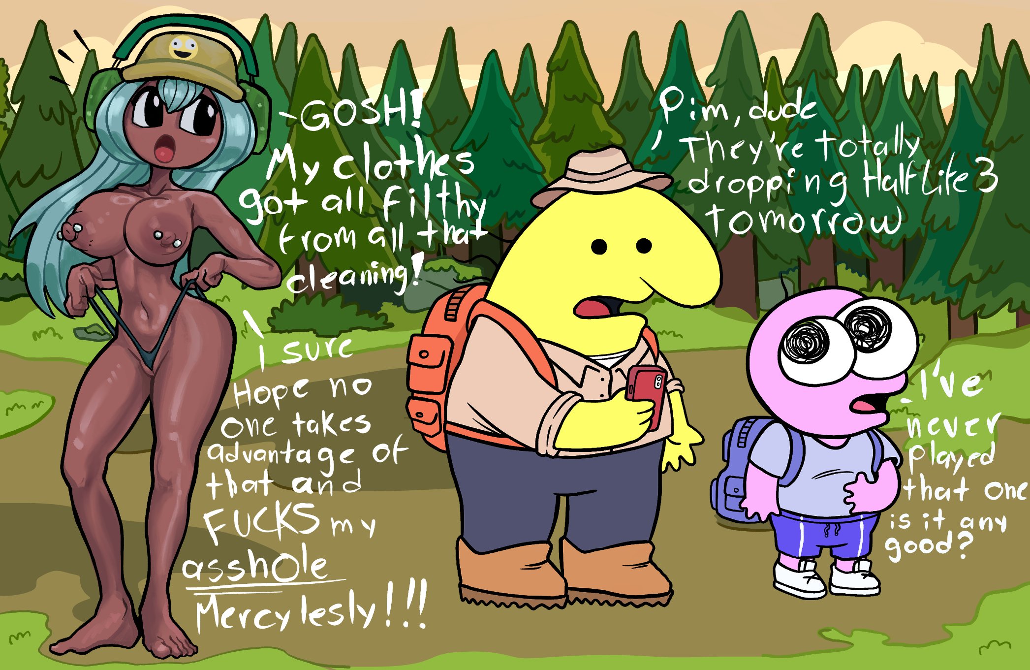 1girls, 2boys, aqua hair, ass, baseball cap, big ass, big breasts, big thighs, black eyes, breasts, brown skin, casual, charlie (smiling friends), dark skin, dark-skinned female, dialogue, dolly dimpley, exposed, female, funny, group, headphones, hopium, human, ignoring, ignoring another, long hair, male, naked, nude, nude female, open mouth, pierced nipples, piercing, piercings, pim (smiling friends), sadist corset, short shorts, sketch, smiling friends, text, thick thighs, thighs, thong