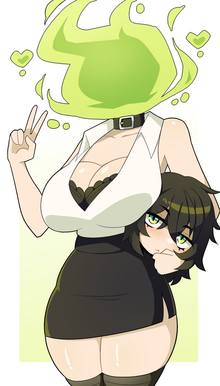 1girls, belt collar, big breasts, cleavage, commission, dullahan, female, female only, green eyes, hi res, j5daigada, light skin, light-skinned female, looking at viewer, narrowed eyes, simple background, skirt, sleeveless shirt, solo, thick thighs, v sign