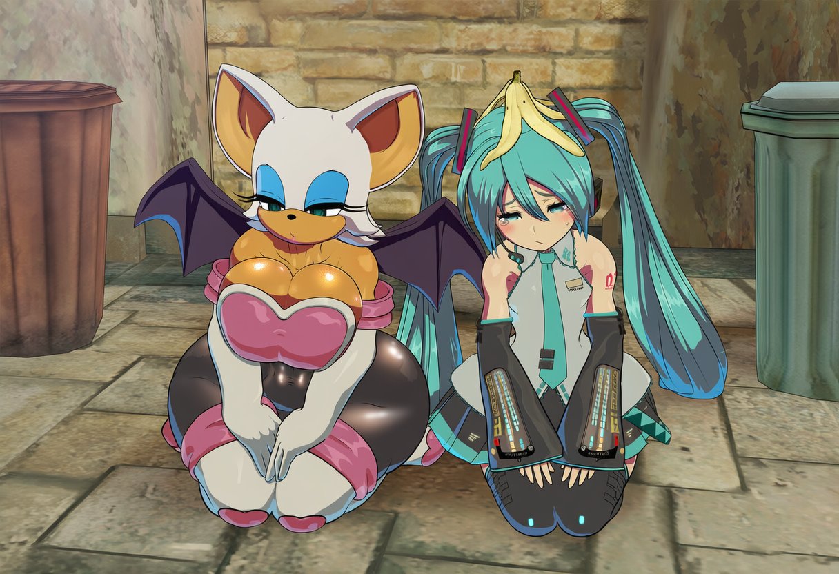 2girls, ai generated, animal ears, aqua eyes, aqua hair, ass, banana, bare shoulders, bat wings, bigger & better, blush, boots, breasts, cleavage, clothed, crossover, detached sleeves, elbow gloves, eyeshadow, female, female only, food, food on head, fruit, furry, furry female, gloves, half-closed eyes, hatsune miku, huge ass, huge breasts, large breasts, long hair, makeup, multiple girls, necktie, no bra, object on head, revealing clothes, rouge the bat, sega, seiza, sitting, skirt, sonic (series), sonic the hedgehog (series), thigh boots, thighhighs, twintails, very long hair, wings