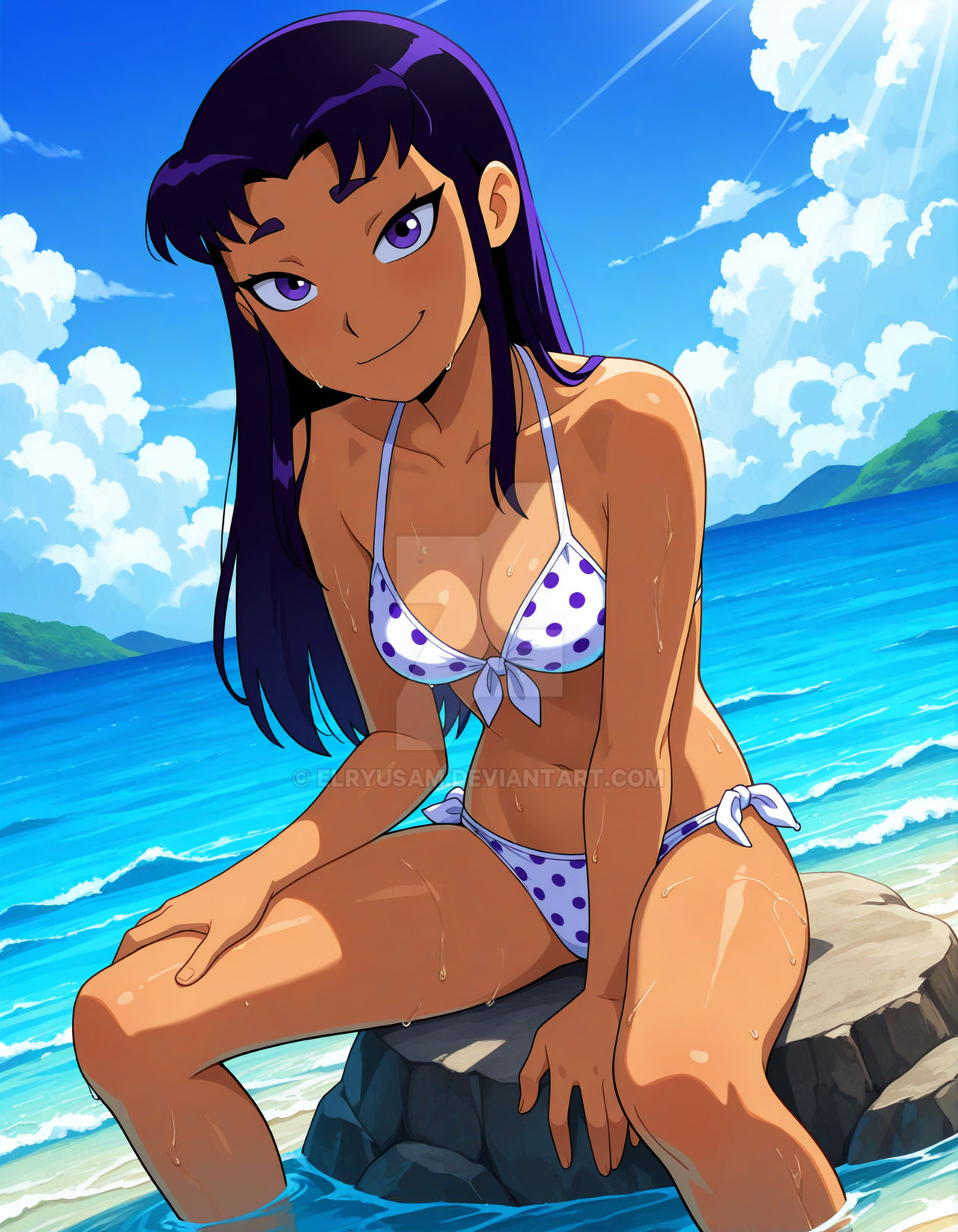 1girls, 2025, ai generated, beach background, belly, bikini only, black dot eyes, blackfire, cartoon network, closed mouth smile, dc, deviantart, elryusam, female only, grinning at viewer, hand on leg, hand on rock, looking at viewer, polka dot bikini, purple dots, purple eyebrows, purple eyes female, purple hair female, red blush, sea background, sitting on railing, smile at viewer, smiling at viewer, teen titans, tummy, warner bros. animation, wet bikini, wet body, wet bra, wet face, wet head, white bikini