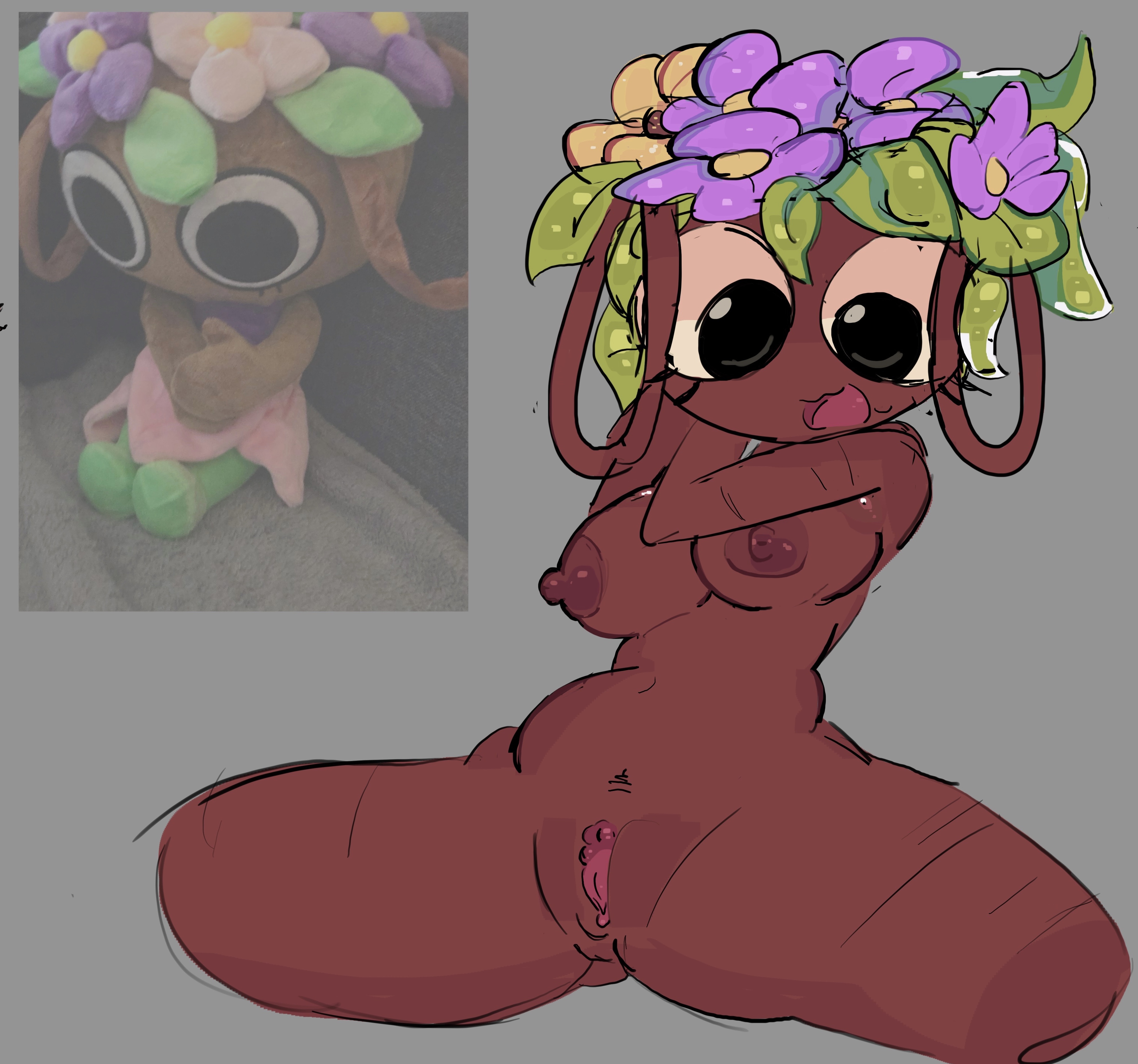 1girls, 2d, 2d (artwork), areolae, artist request, bassie (dandy's world), big breasts, big eyes, breasts, brown skin, clitoris, cute, dandy's world, dandys world, dark eyes, dark skin, dark-skinned female, flower in hair, hands behind head, hands in hair, leaf hair, looking down, mouth open, nipples, nude, nude female, presenting, presenting pussy, pussy, solo, solo female, tagme