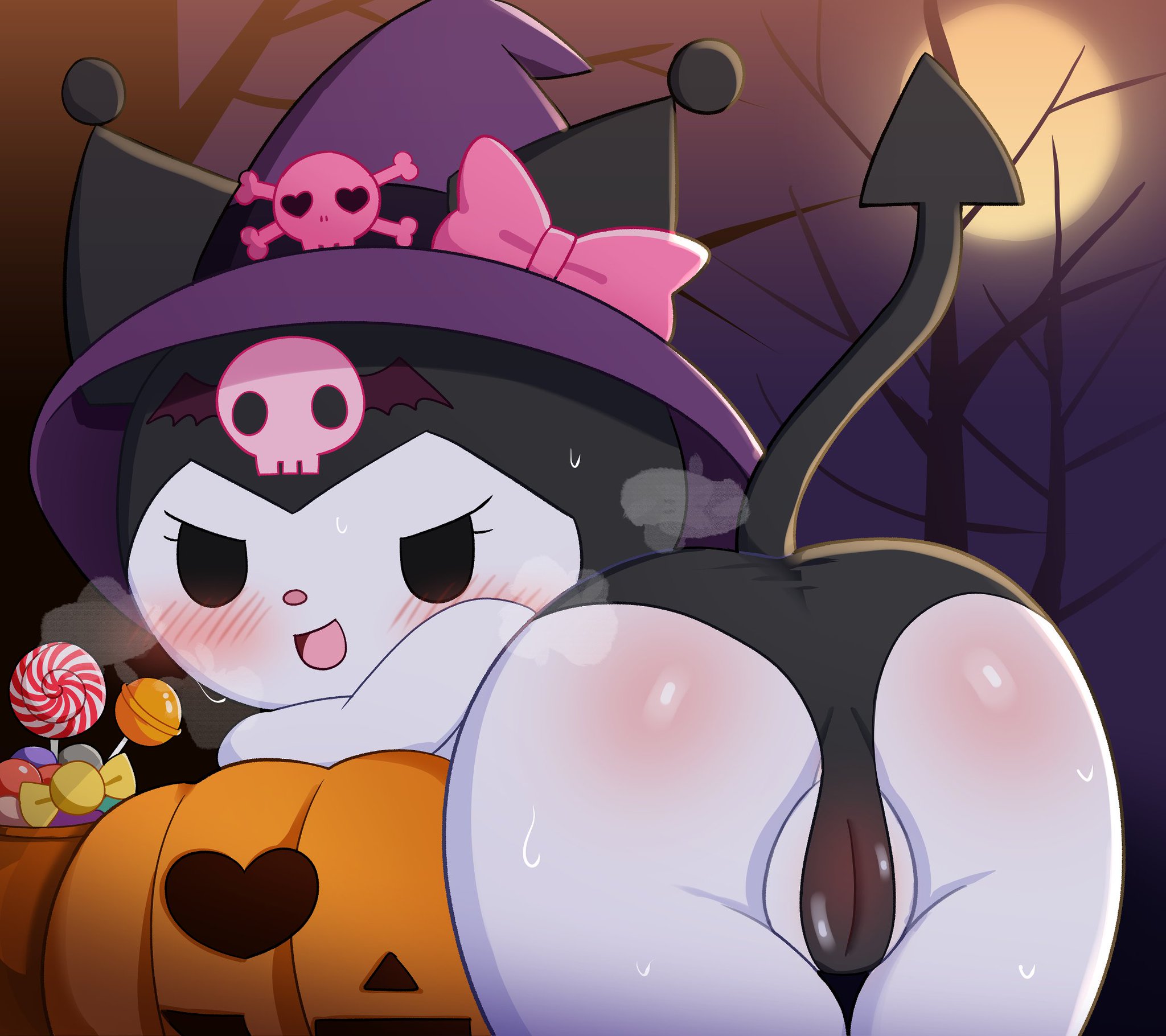 :d, 0227, 1girls, 2d, 2d (artwork), anthro, anthrofied, ass, bat wings, black eyes, black panties, black tail, black underwear, blush, blushing at viewer, blushing female, bowtie, butt, candy, dead tree, dead trees, detailed shading, digital media (artwork), eyelashes, female, female focus, female only, halloween, halloween costume, heart, heart eyes, heart-shaped eyes, humanoid, kuromi, looking at viewer, looking back, moon, moonlight, night, night sky, nose, onegai my melody, panties, pink bowtie, pink skull, pumpkin, pumpkin face, pussy, pussy visible through panties, sanrio, shaded, shading, skull symbol, smile, smile at viewer, smoke, sweat, sweatdrop, sweating, tail, tails, underwear, white body, white skin, white skinned female, witch hat
