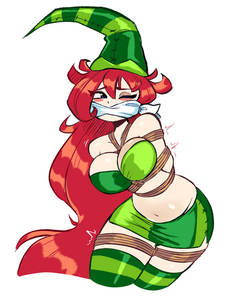 1girls, betilla (rayman), big breasts, bondage, breast harness, cleavage, cleave gag, jamoart, miniskirt, nymph (rayman), rayman (series), rayman origins, red hair, thick ass, thighhighs, ubisoft