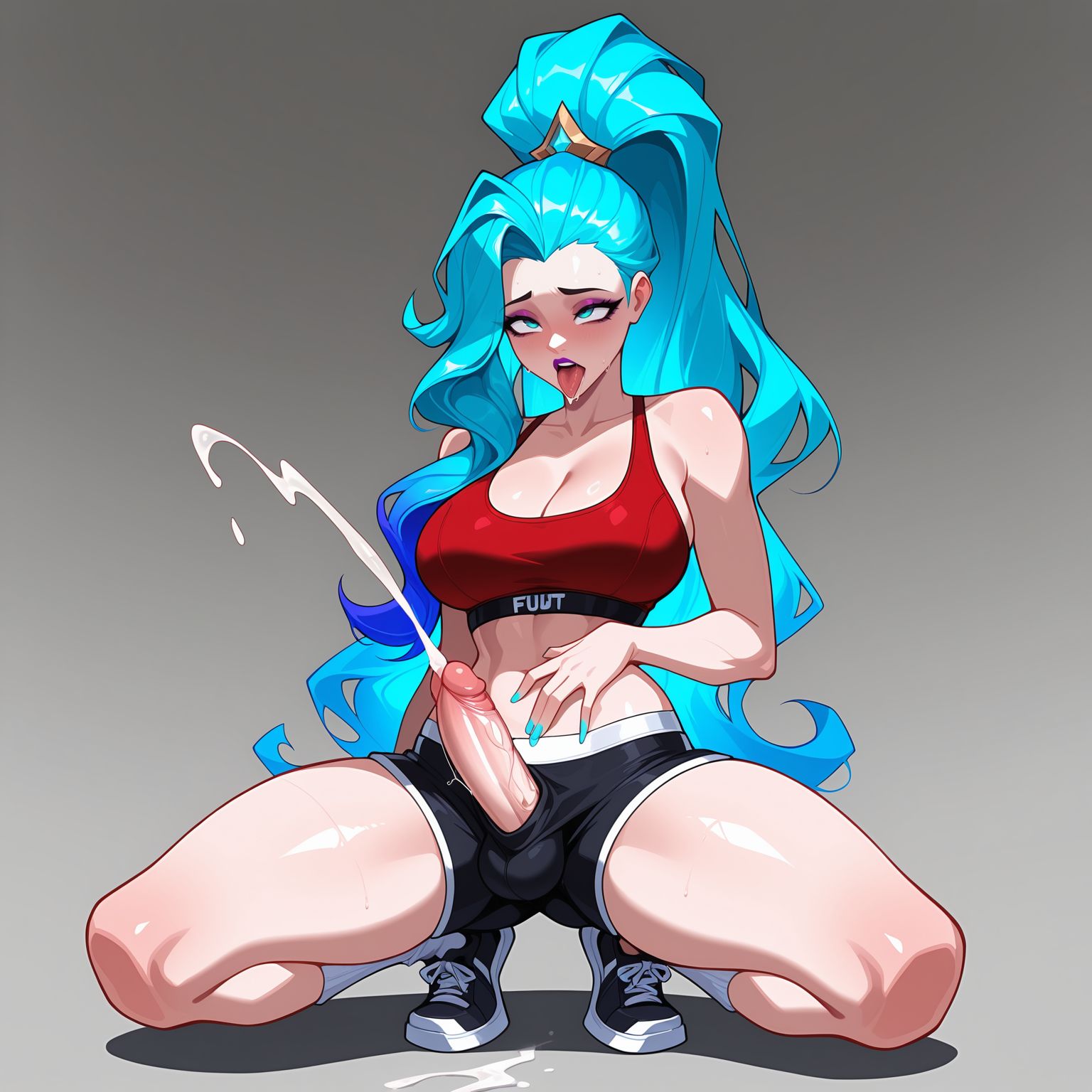1futanari, ahe gao, ai generated, aqua eyes, aqua hair, bare shoulders, black footwear, black shorts, blue eyes, blue hair, blue nails, blush, breasts, cleavage, clothing, collarbone, covered nipples, covered testicles, crop top, cum, ejaculation, erection, eyeshadow, female, footwear, full body, futanari, futanari masturbation, gradient background, grey background, hand on own stomach, handsfree ejaculation, high ponytail, intersex, intersex only, k/da all out seraphine, k/da all out series, k/da series, large breasts, large penis, league of legends, lipstick, long hair, lunaart, makeup, midriff, multicolored hair, nail polish, navel, open mouth, penis, penis out, ponytail, projectile cum, purple lips, red sports bra, riot games, rolling eyes, saliva, seraphine (league of legends), shoes, short shorts, shorts, simple background, sneakers, socks, solo, sports bra, spread legs, squatting, sweat, teeth, testicles, thighs, tongue, tongue out, upper teeth only, veins, veiny penis, very long hair, white socks
