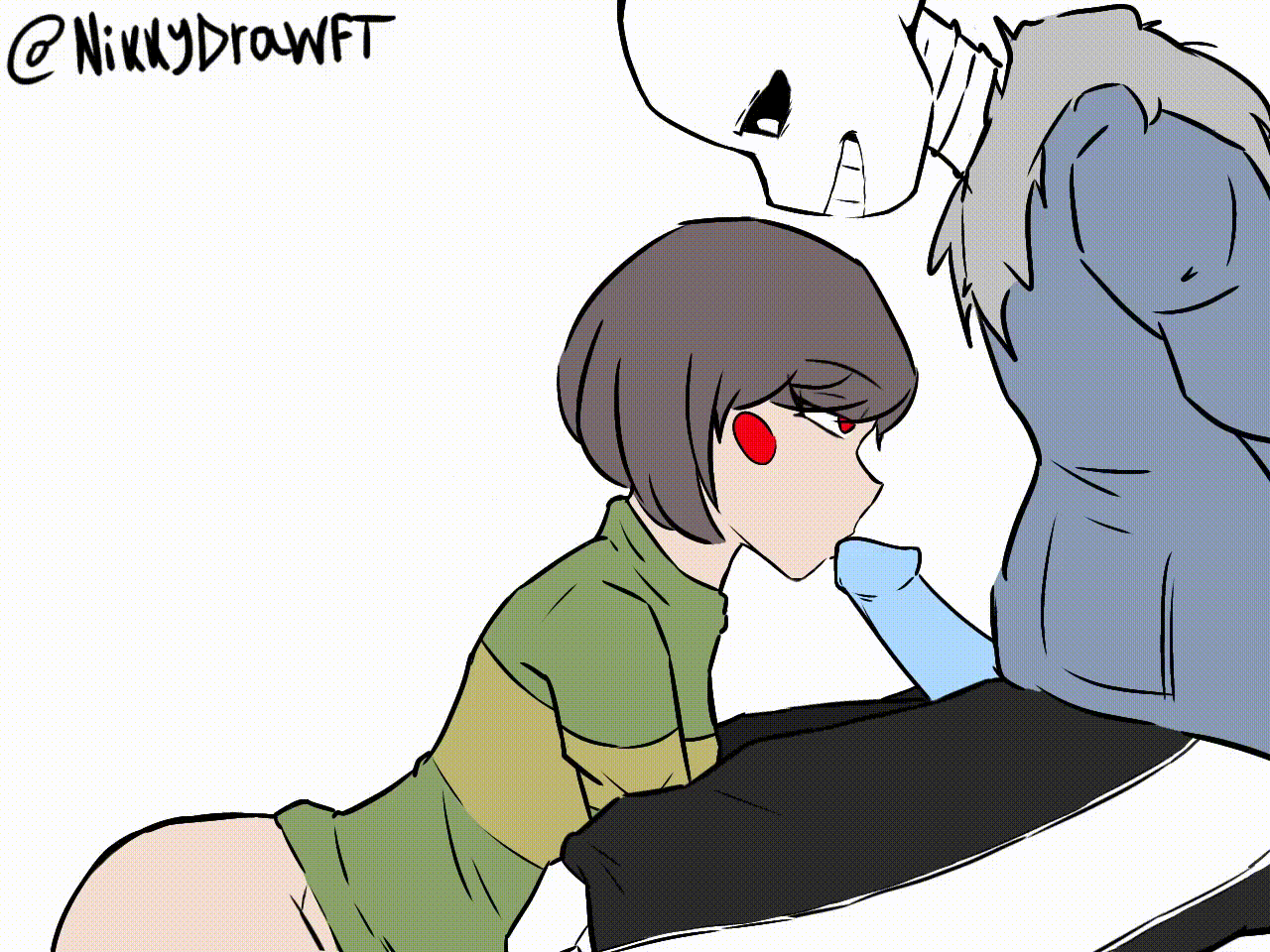 animated, blowjob, blowjob face, chara, chara (undertale), female chara, feminine, nikkydrawft, sans, sans (undertale), skinny, text, undertale, undertale (series), undertale au, undertale fanfiction, undertale sans
