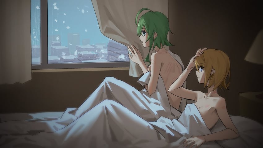 2girls, after sex, ahoge, bed, bed sheet, bite mark, blonde hair, breasts, cleavage, collar, collarbone, covering breasts, covering privates, curtains, female only, female with female, female/female, gumi, hickey, implied after sex, kagamine rin, lamp, looking through window, megpoid gumi, multiple girls, naked sheet, on bed, snow, under covers, vocaloid, window, yuri