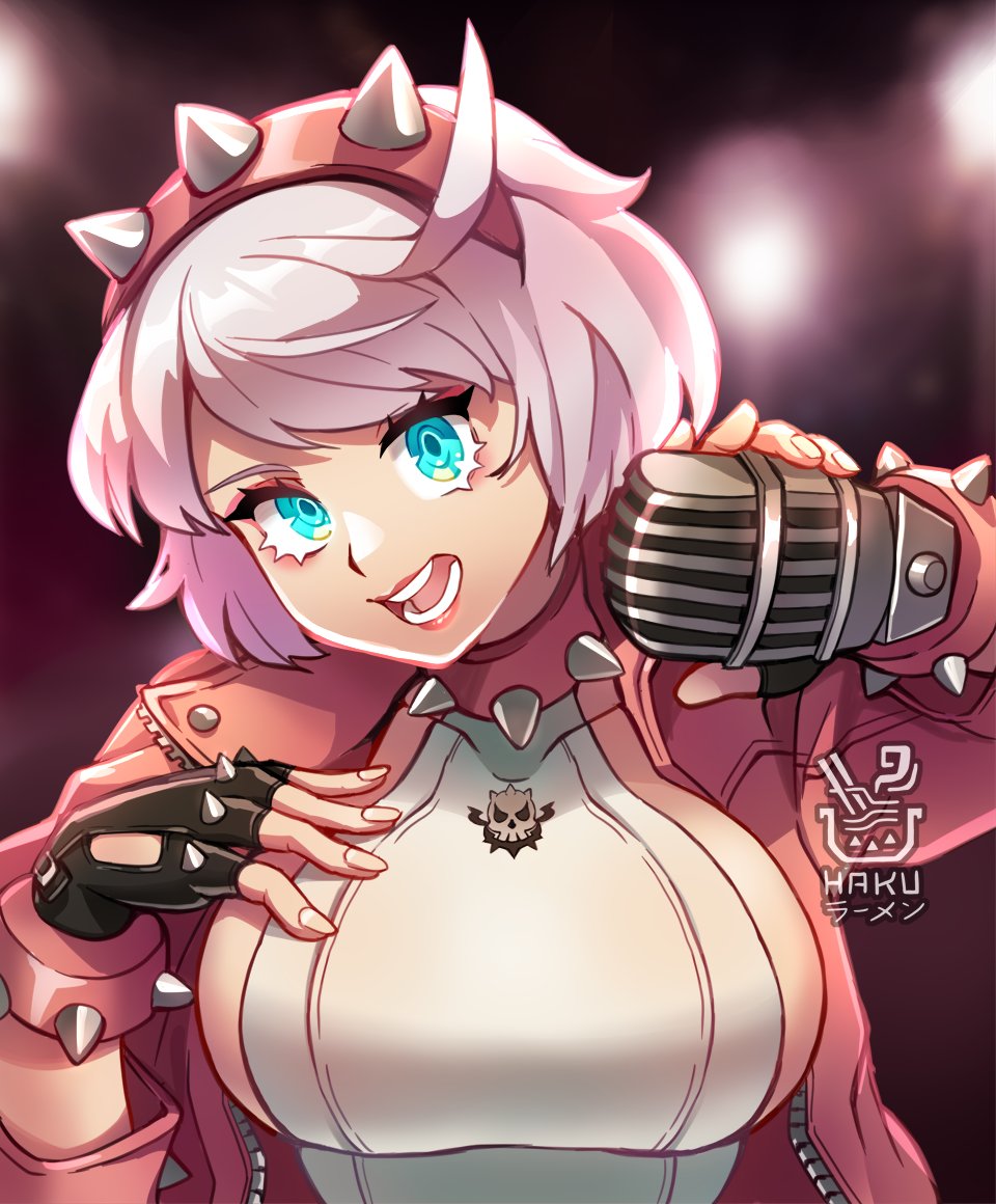 1girls, aqua eyes, black gloves, breasts, commentary, elphelt valentine, female, female only, fingerless gloves, gloves, guilty gear, guilty gear strive, hairband, hakuramen, head tilt, holding, looking at viewer, open mouth, pink hair, red hairband, shirt, short hair, sideboob, solo, upper body, white shirt