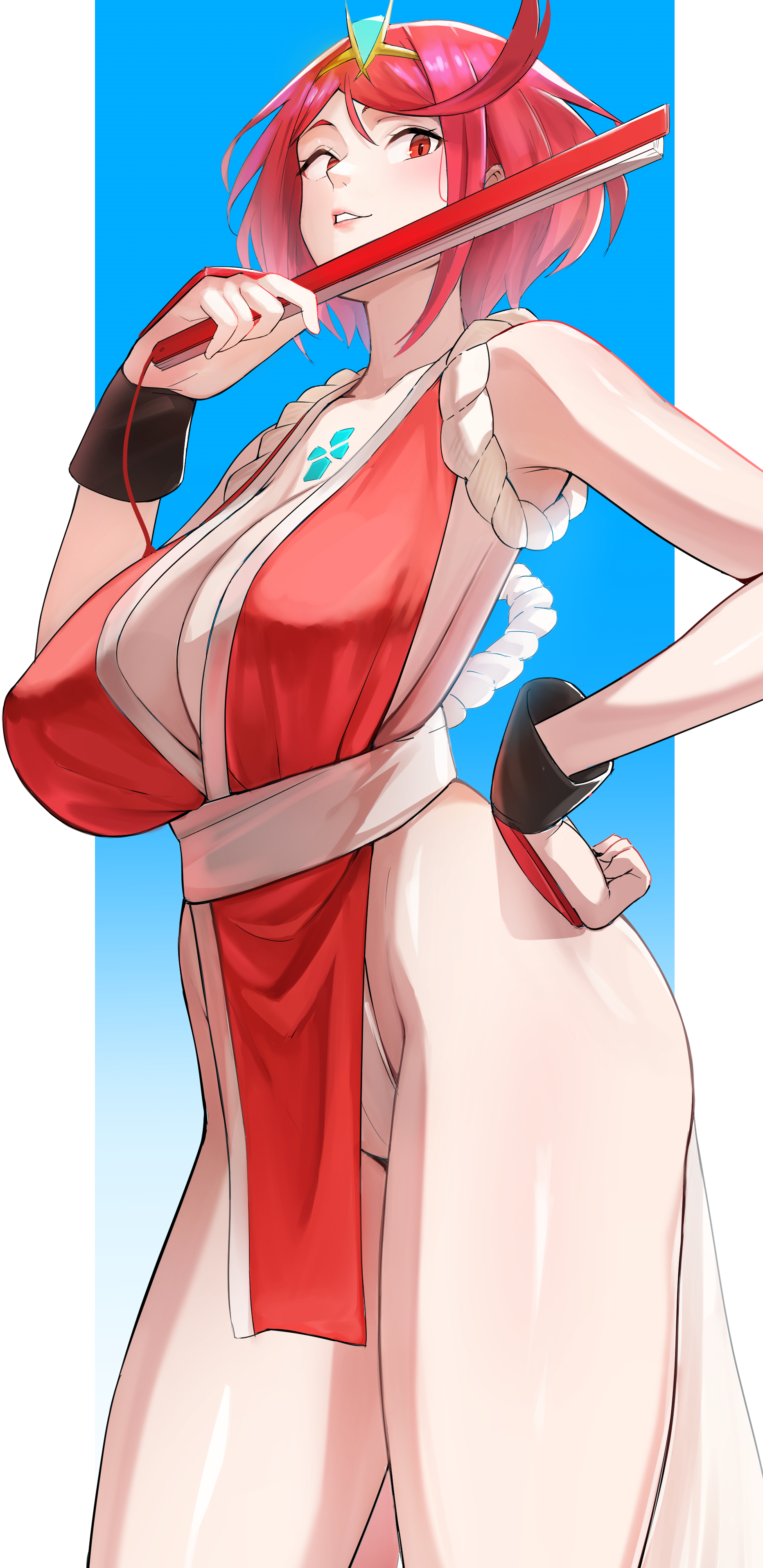 absurdres, breasts, cosplay, fatal fury, female, female only, hand fan, highres, holding, holding fan, king of fighters, large breasts, mai shiranui, mai shiranui (cosplay), ninja, oruru63100814, pyra, pyra (xenoblade), red eyes, red hair, short hair, smile, solo, swept bangs, thighs, tiara, xenoblade (series), xenoblade chronicles 2