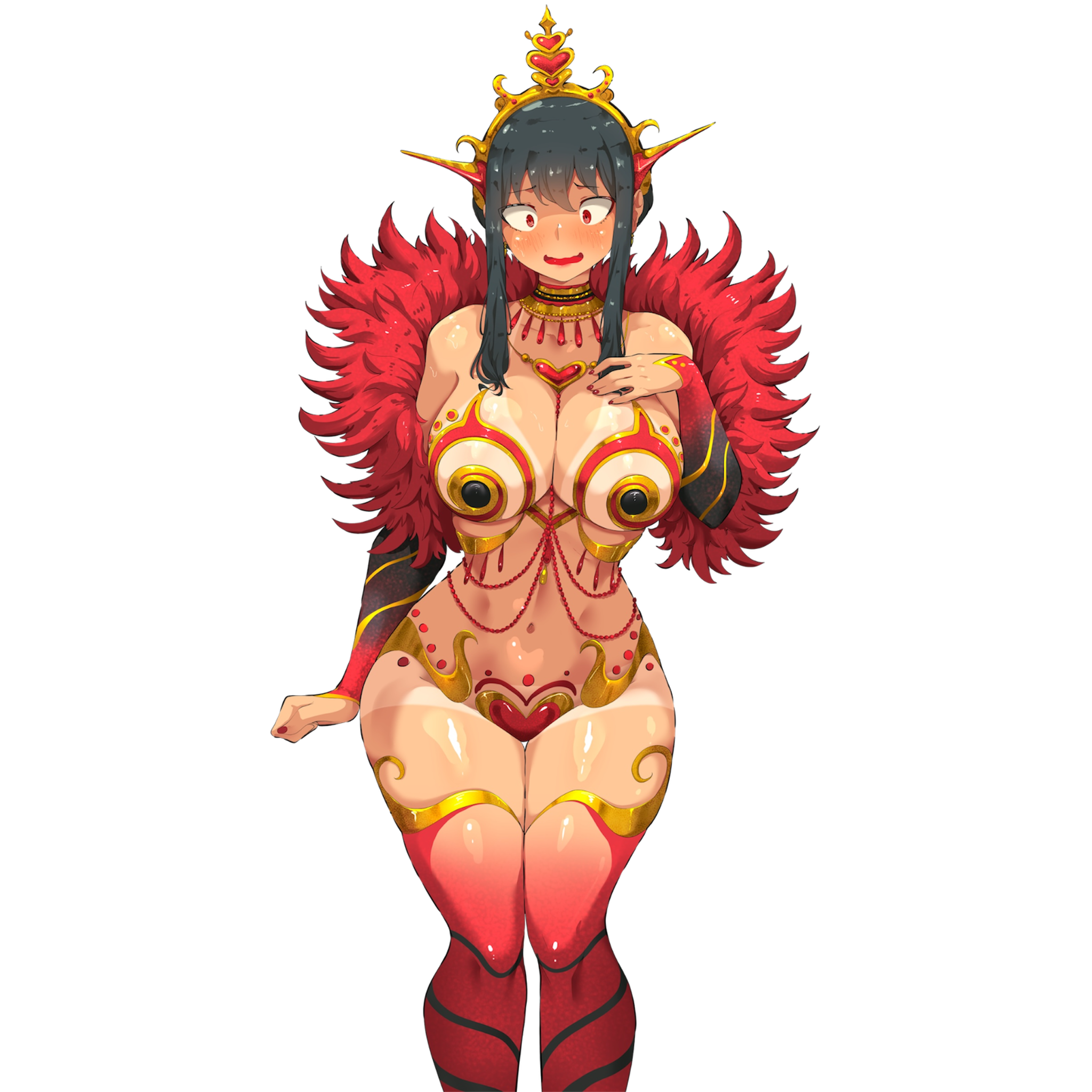 1girls, bare shoulders, bikini tan, black hair, blush, breasts, clothing request, embarrassed, female, fit female, hand on own chest, headpiece, highres, hourglass figure, huge breasts, human, human female, jk arts, jk arts07, large breasts, long hair, navel, pasties, red eyes, samba, short hair, sidelocks, simple background, slim waist, solo, spy x family, stomach, tan, tanlines, transparent background, wide hips, yor briar