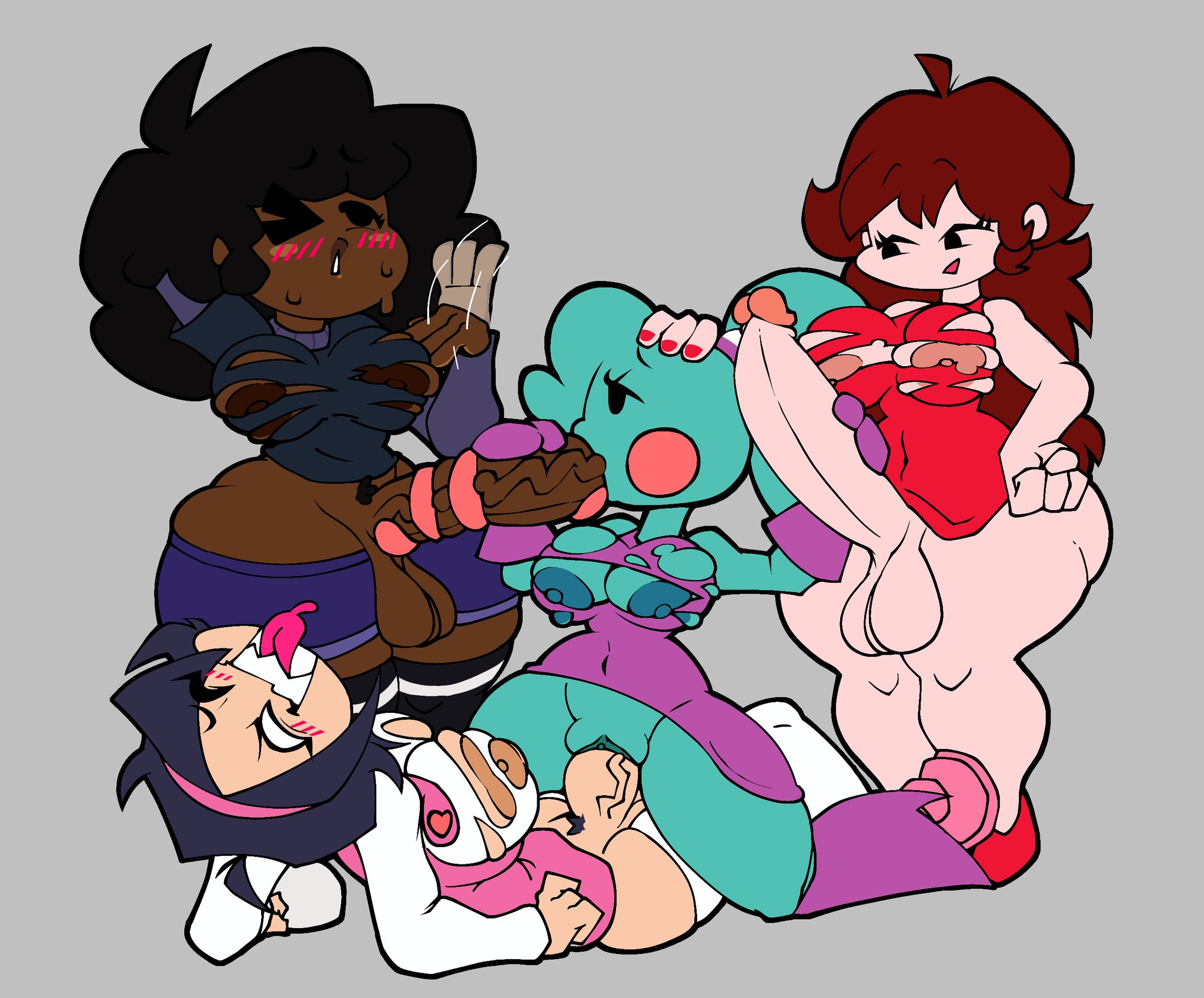 1girls, 3futas, areolae, asian, balls, big ass, big penis, biting own tongue, blowjob, blue body, blush, breasts, breasts peeking out of shirt, carol (bbpanzu), clothed sex, clothes too small, dark nipples, dark-skinned futa, dress, erection, female, foursome, friday night funkin, futa mommy gf, futa on female, futanari, girlfriend (friday night funkin), huge cock, jerking, jerking off another, jerking while penetrated, kccatboi2002, light skin, light-skinned male, nene (newgrounds), newgrounds, nipples, nipples peek, orgy sex, pale skinned futa, pants down, penis, ripped clothing, sharp teeth, smiling, smooth balls, smooth penis, sweating, thick thighs, tongue around penis, tongue out, tongue out blowjob, tonguejob, vaginal penetration, veiny penis, wide hips