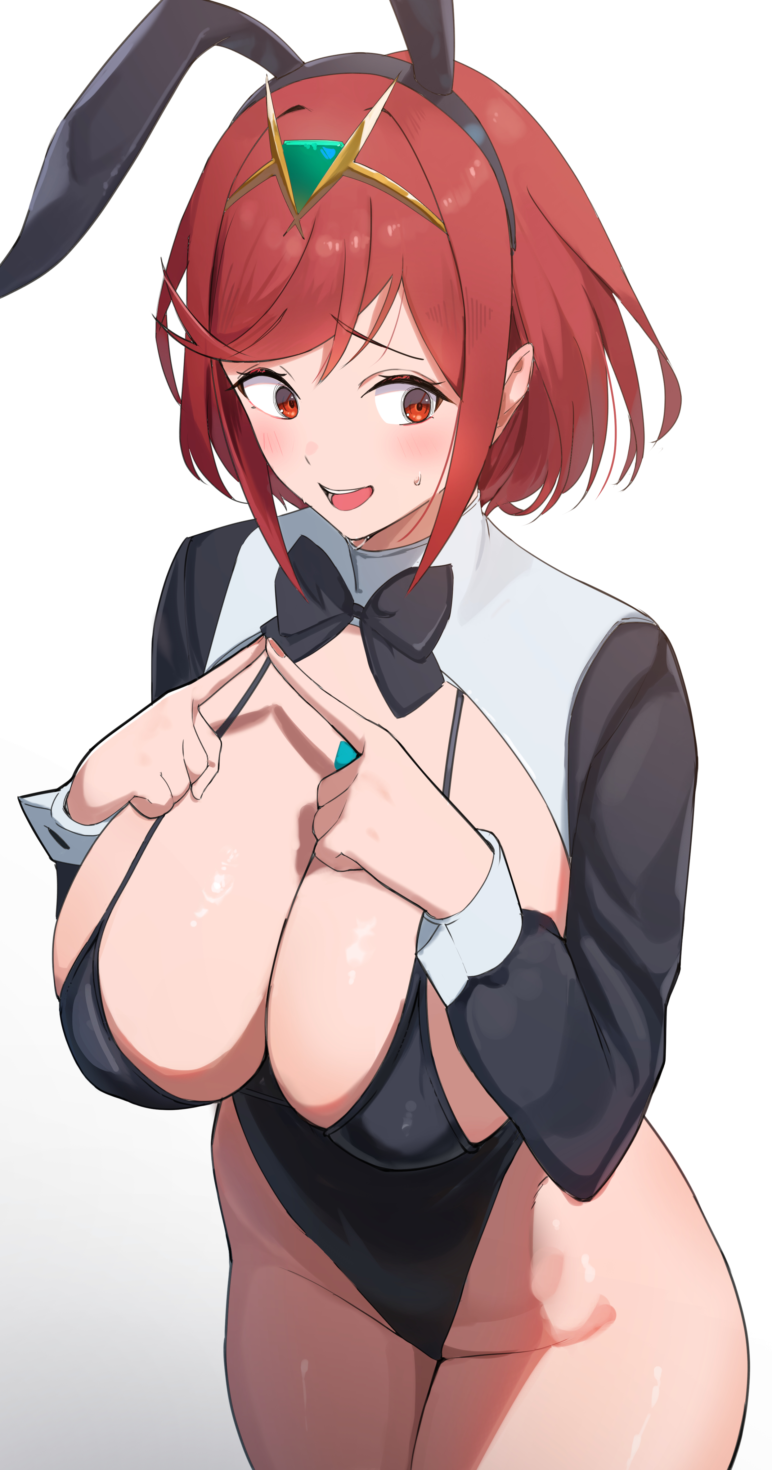 1girls, absurdres, animal ears, black leotard, breasts, cleavage, curvy, fake animal ears, female, female only, highres, large breasts, leotard, open mouth, oruru63100814, plump, pyra, pyra (xenoblade), red eyes, red hair, short hair, shy, simple background, solo, strapless, strapless leotard, sweat, thighs, tiara, white background, xenoblade (series), xenoblade chronicles 2