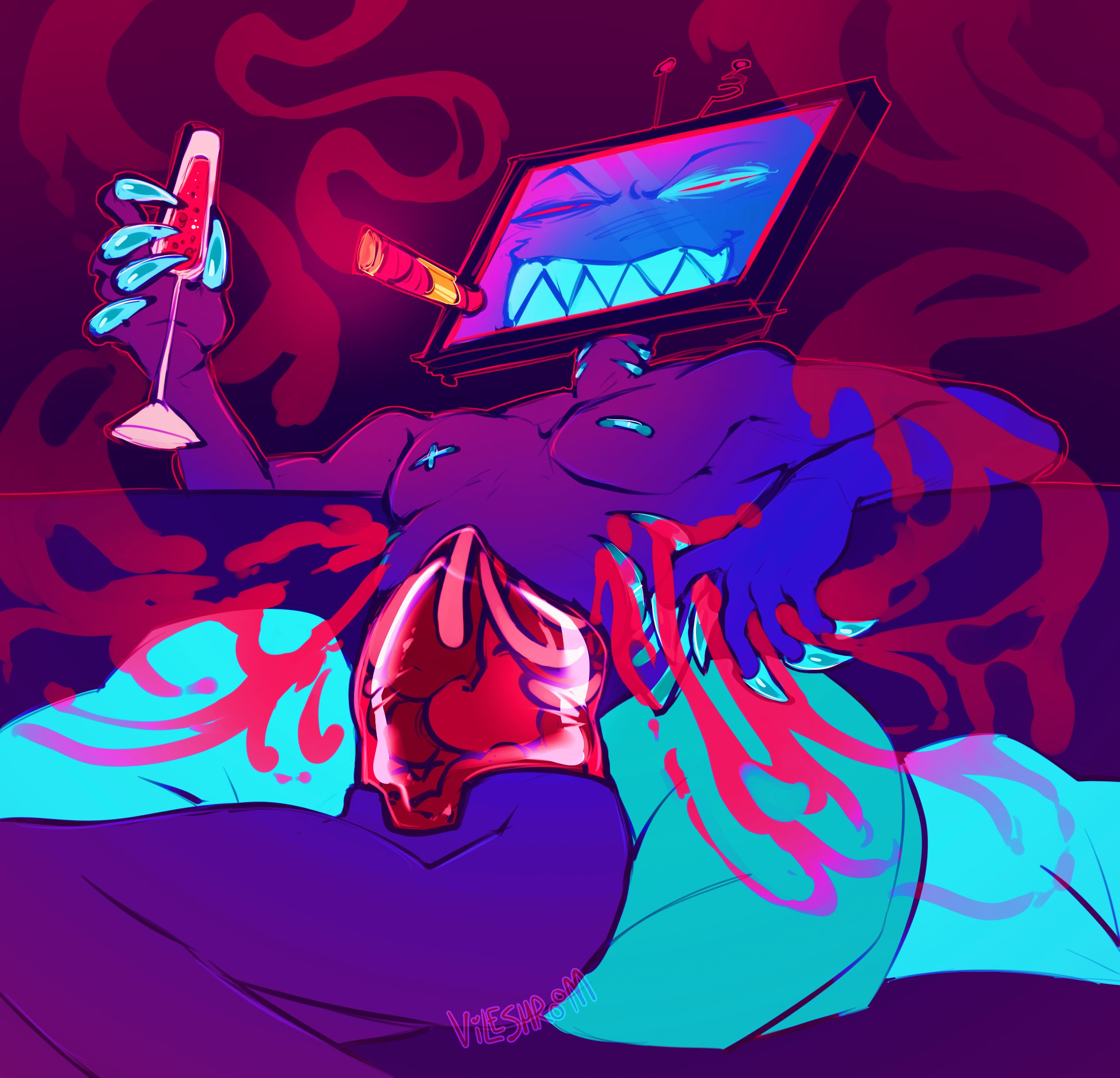 1boy, bileshroom, exposed organs, gay, hazbin hotel, male, nipples, pecs, pinup, see-through, vox (hazbin hotel)