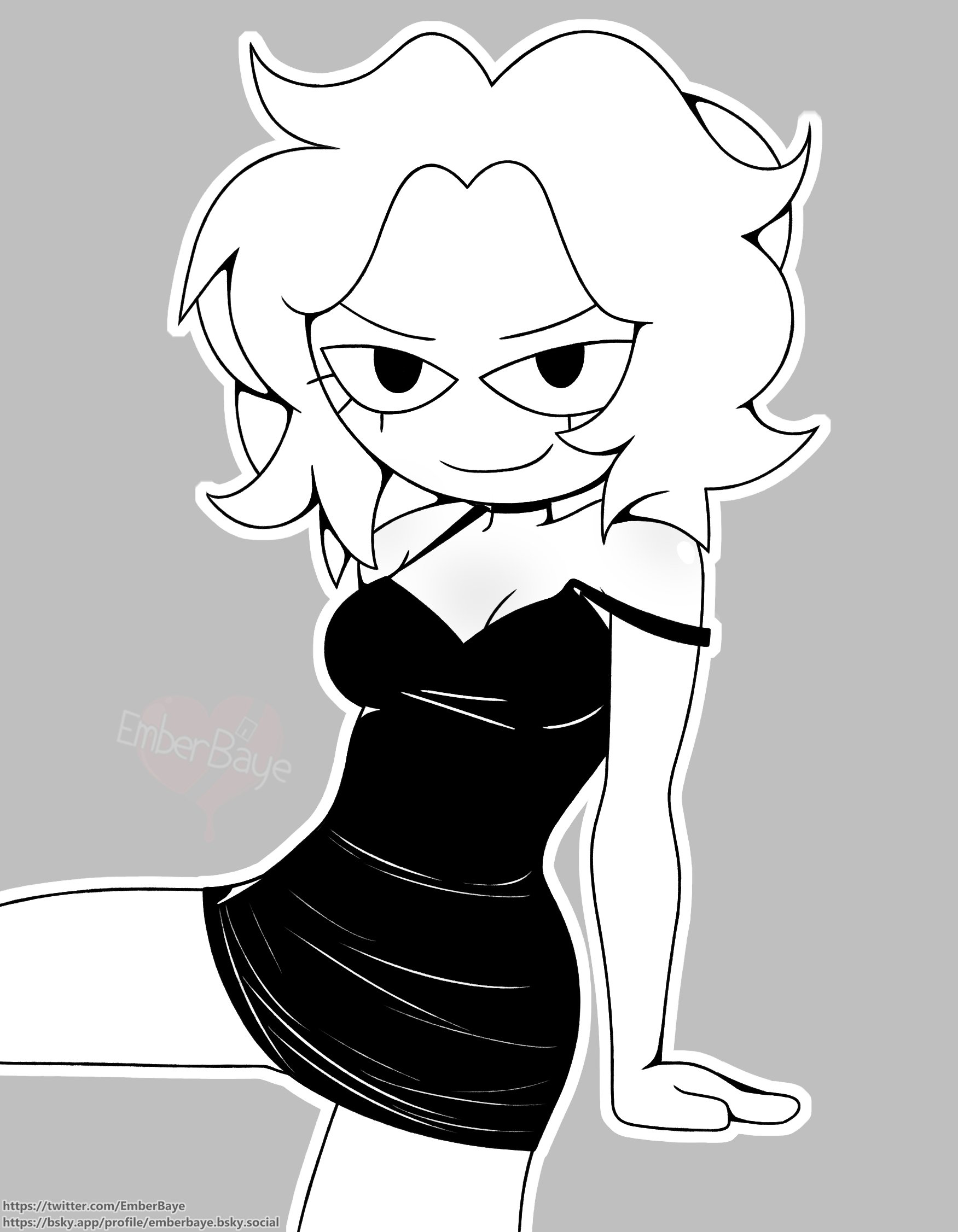 animation meme community, bare legs, beaniebearz, black dress, emberbaye, eyes half open, instagram, leaning back, legs apart, monochrome characters, no bra, sitting, smiling at viewer, strap slip, youtube, youtuber