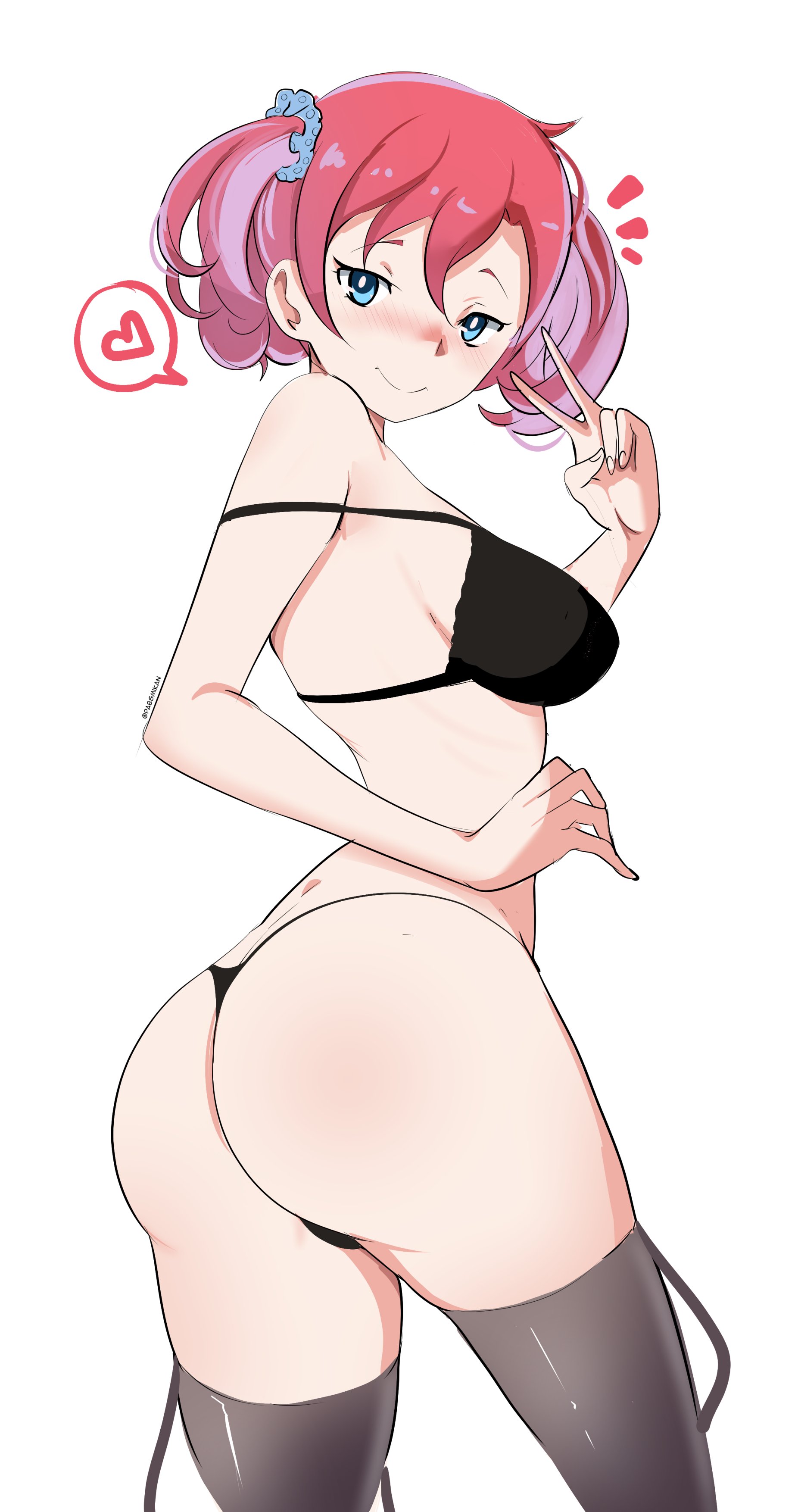1girls, artist name, ass, bare shoulders, black thighhighs, blue eyes, blush, bra, breasts, digimon, digimon story, digimon story: cyber sleuth, female, female only, highres, looking at viewer, medium breasts, nokia shiramine, pabsmikan, panties, pink hair, red hair, red-haired female, shiny skin, shiramine nokia, simple background, solo, thighhighs, twintails, underwear, v, white background