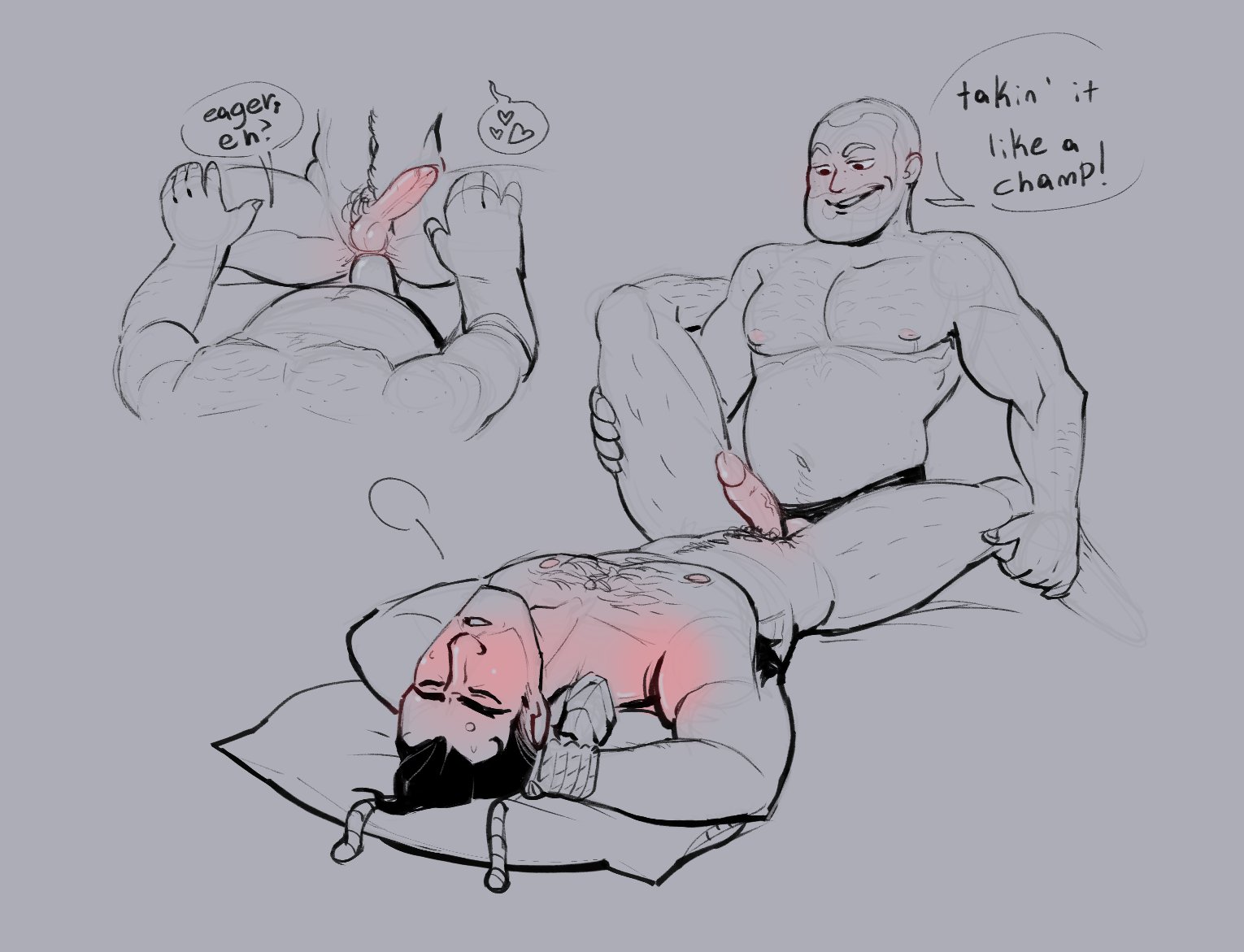 anal, anal sex, arms above head, arms bound, arms tied, blush, blushing male, bondage, chest hair, circumcised, circumcision scar, dirty talk, engineer (team fortress 2), gay, gay sex, happy trail, heart, leg hair, male, male only, male/male, mastectomy scar, nebulousmedic, on bed, pillow, praise, sex on bed, spoken heart, spread legs, spy (team fortress 2), strap-on, strapon, team fortress 2, tied up, trans man, wholesome, yaoi