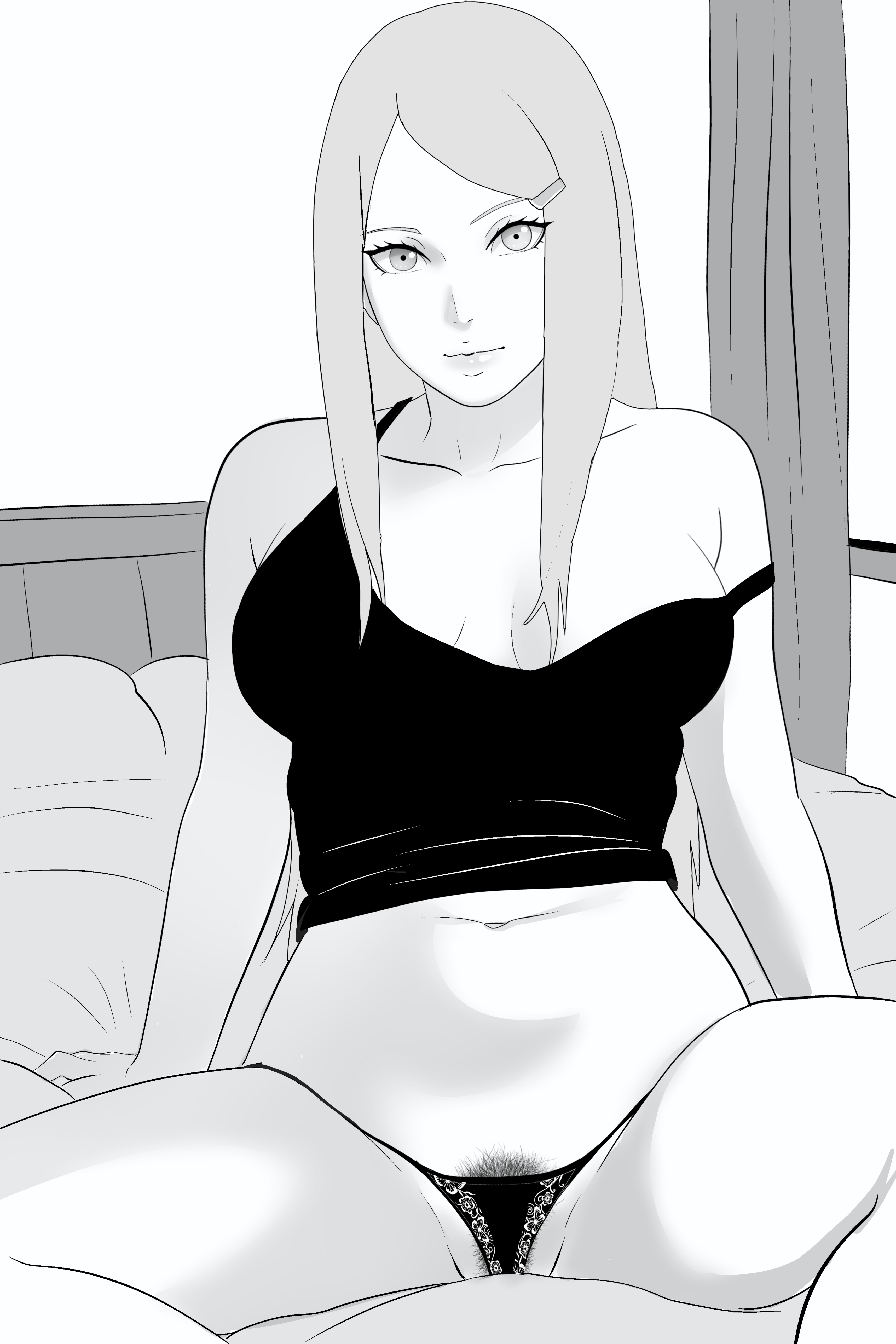 1girls, 2d (artwork), bare legs, bare midriff, bare shoulders, bare thighs, barefoot, bed, bedroom, big breasts, blush, breasts, cleavage, collarbone, curtains, facing viewer, female, female pubic hair, front view, hairy pussy, indoors, lickliking, light skin, light-skinned female, long hair, mature, mature female, midriff, milf, monochrome, mother, naruto, naruto (series), naruto shippuden, no bra, on bed, open mouth, open smile, pale skin, pale-skinned female, panties, pinup, pubes, pubic hair, pubic hair peek, shiny, shiny hair, shiny skin, sitting, sitting on bed, smile, spread legs, strap slip, sunlight, tank top, thick thighs, thighs, underwear, underwear only, uzumaki kushina, very long hair