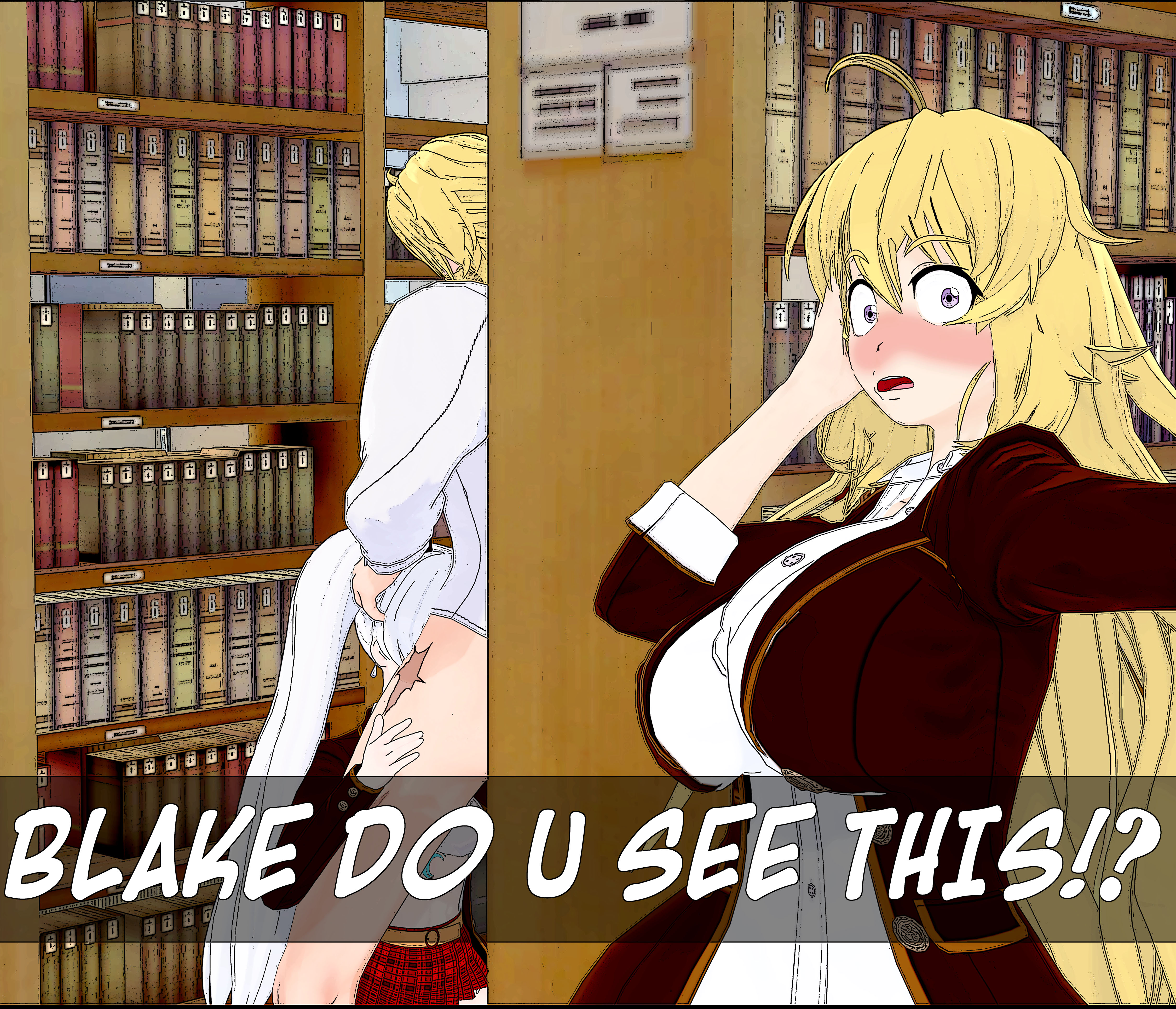 1boy, 2girls, aged up, big breasts, blonde hair, blush, breasts, busty, constricted pupils, english text, fatallyobsessed, fellatio, female, hand on another's head, irrumatio, jaune arc, large breasts, long hair, looking at viewer, male, professor arc, rwby, school uniform, side ponytail, surprised, teacher and student, weiss schnee, white hair, wide eyed, yang xiao long