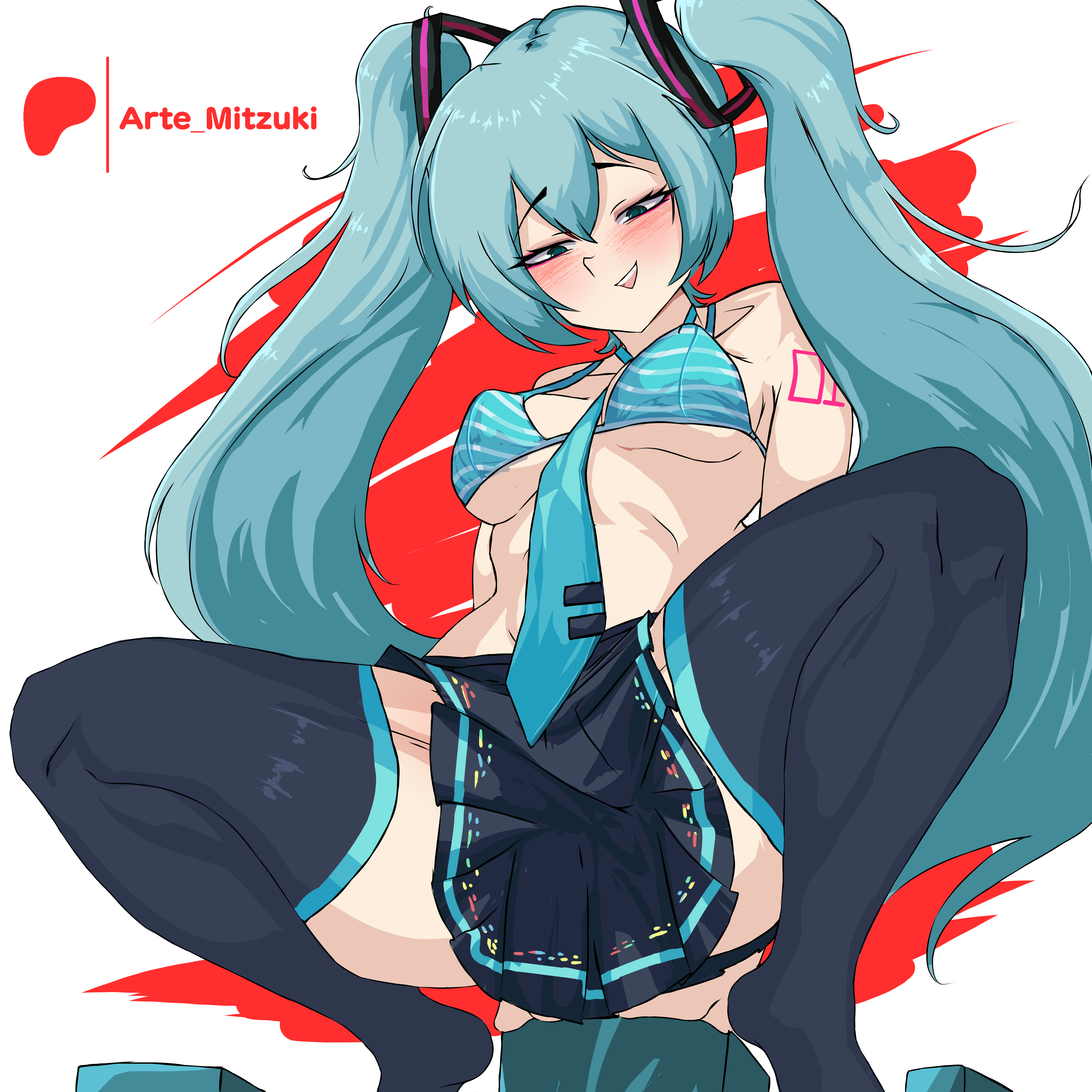 1girl, 1girls, aqua eyes, aqua hair, bikini, bikini top only, black thighhighs, blue hair, blush, breasts, covered nipples, female, female only, female solo, hair ornament, hatsune miku, hidden pussy, long hair, looking at viewer, necktie, open mouth, pleated skirt, pussy, skirt, skirt only, smile, solo, solo female, solo only, spread legs, squatting, striped, swimsuit, tagme, tattoo, tattooed arm, thighhighs, twintails, very long hair, vocaloid, zeddarts