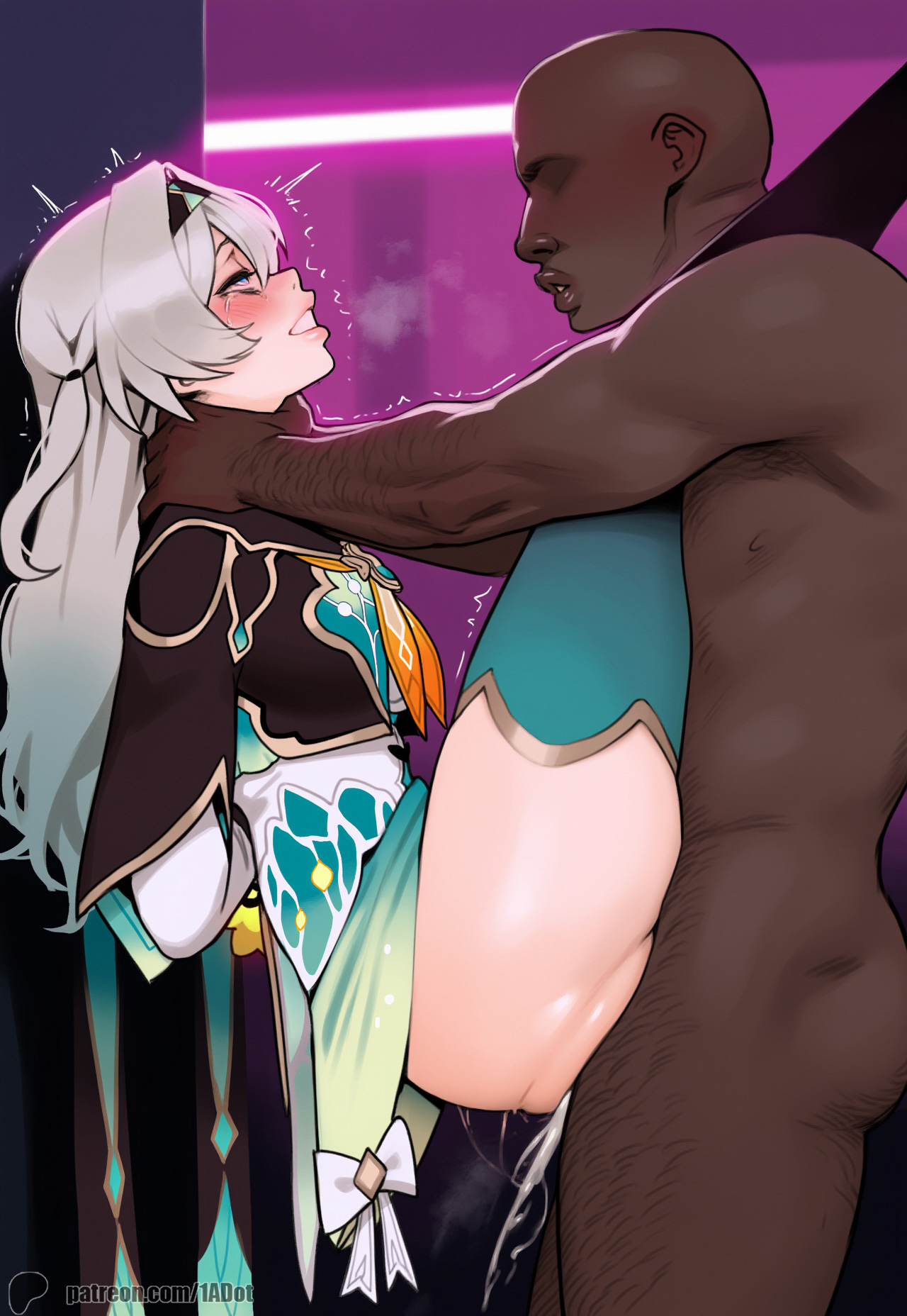 1-a dot, 1boy, 1girls, ai generated, cum, cum inside, dark skin, dark-skinned male, deep penetration, female, firefly (honkai: star rail), honkai: star rail, interracial, lifting person, male, nightclub, rape, sex