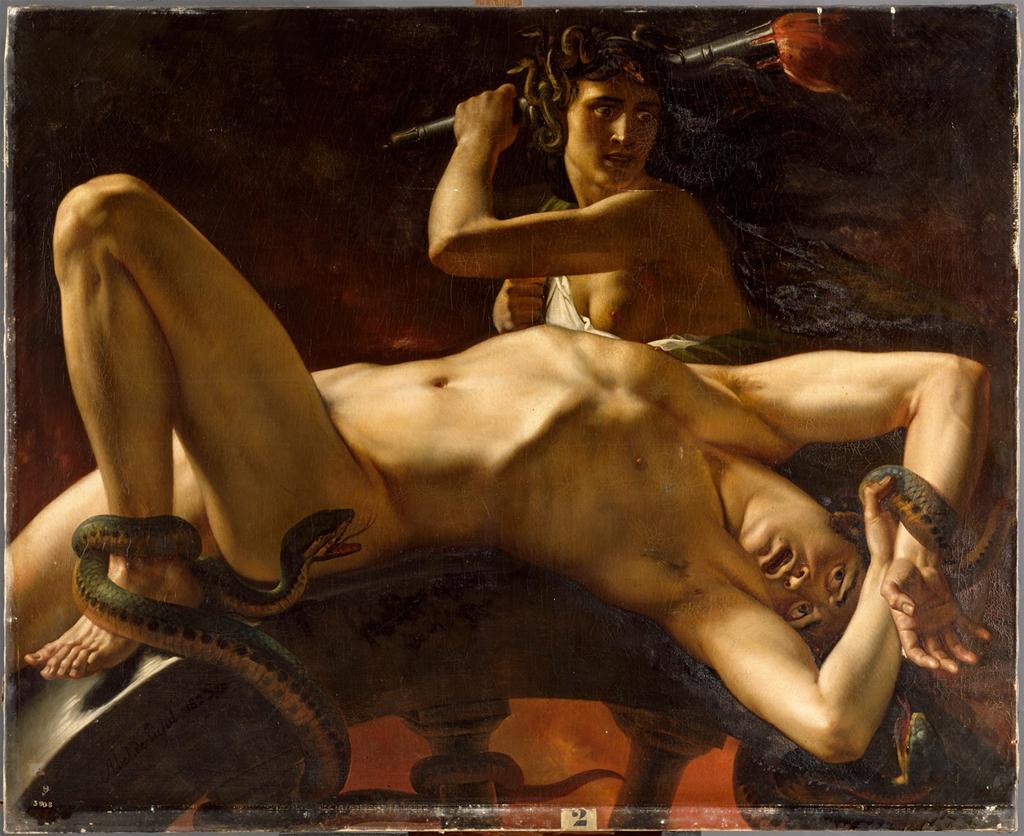 1824 abel_de_pujol bondage bound_wrists clothed_female_nude_male fine_art greek_mythology ixion ixon male malesub medusa mythology nude painting_(artwork) snake snake_tentacles straight_hair tartarus torch torture traditional_art wheel