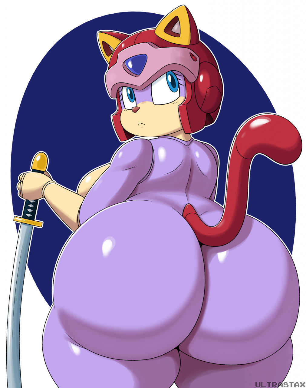 big_ass big_butt bubble_butt cat_ears cat_tail catgirl female looking_back massive_butt mechspazer neutral_expression polly_esther samurai_pizza_cats sideboob sword ultrastax