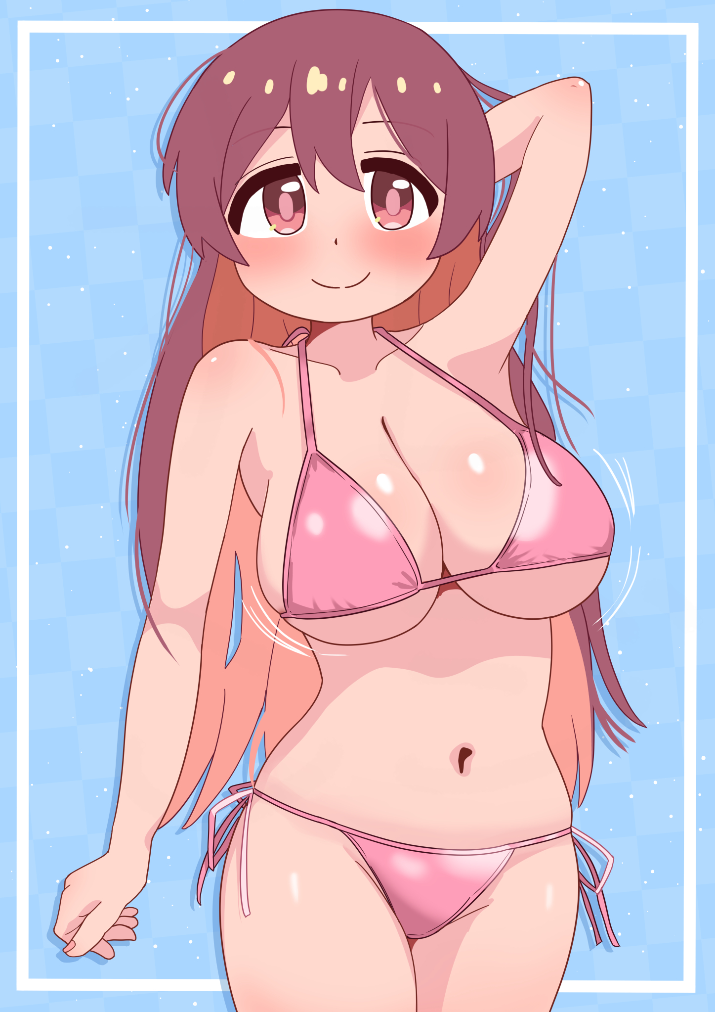 arm at side, arm behind head, armpit, aroused, bikini, blush, breasts, closed mouth, female, in heat, large breasts, murosaki miyo, onii-chan wa oshimai!, orangeir8, seductive, shaking breasts, smile, tareme