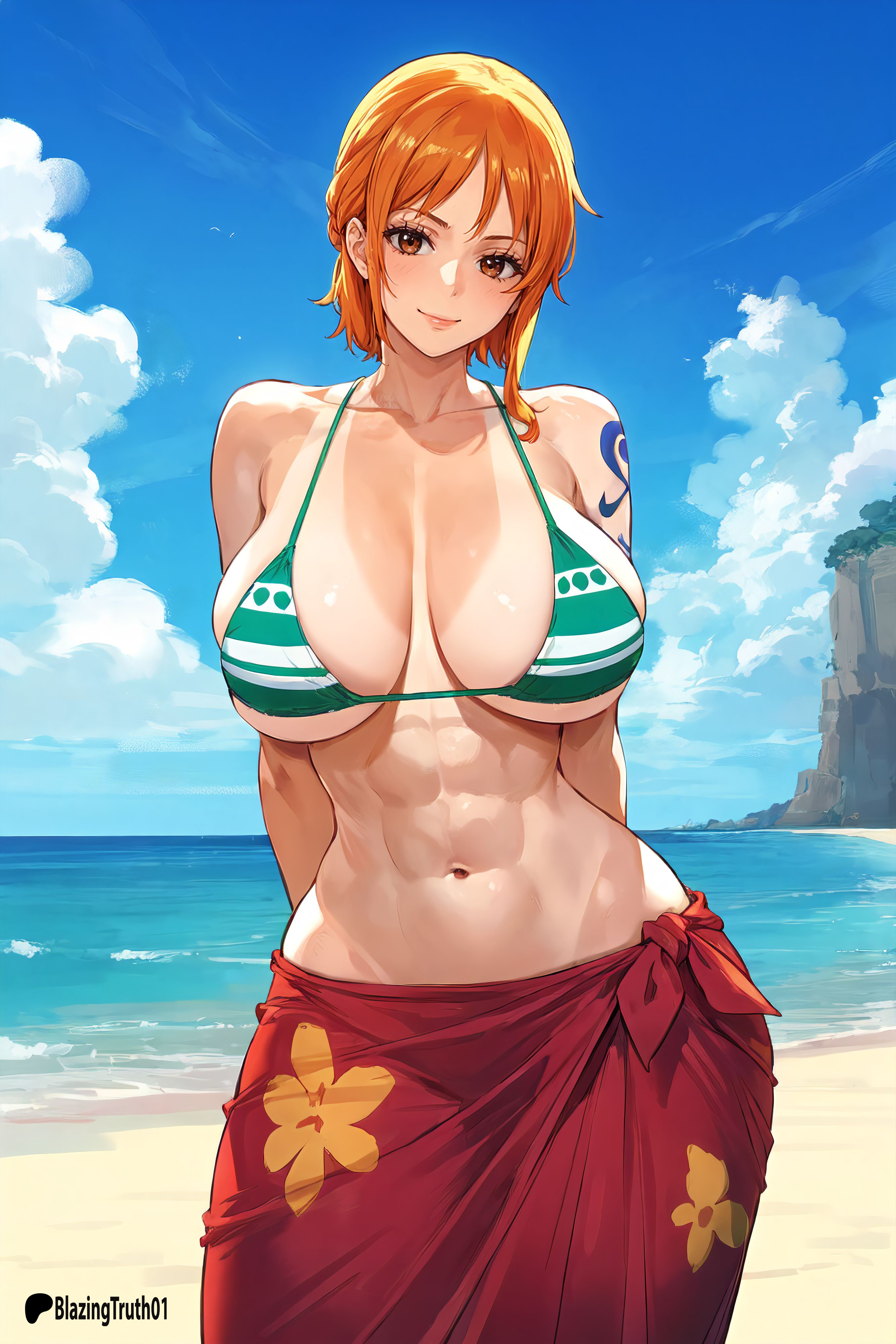 1girls, abs, ai generated, arm tattoo, bikini, blazeren ai/3d, blue tattoo, clothing, female, female only, nami (one piece), one piece, orange hair, orange-haired female, pre-timeskip, tattoo
