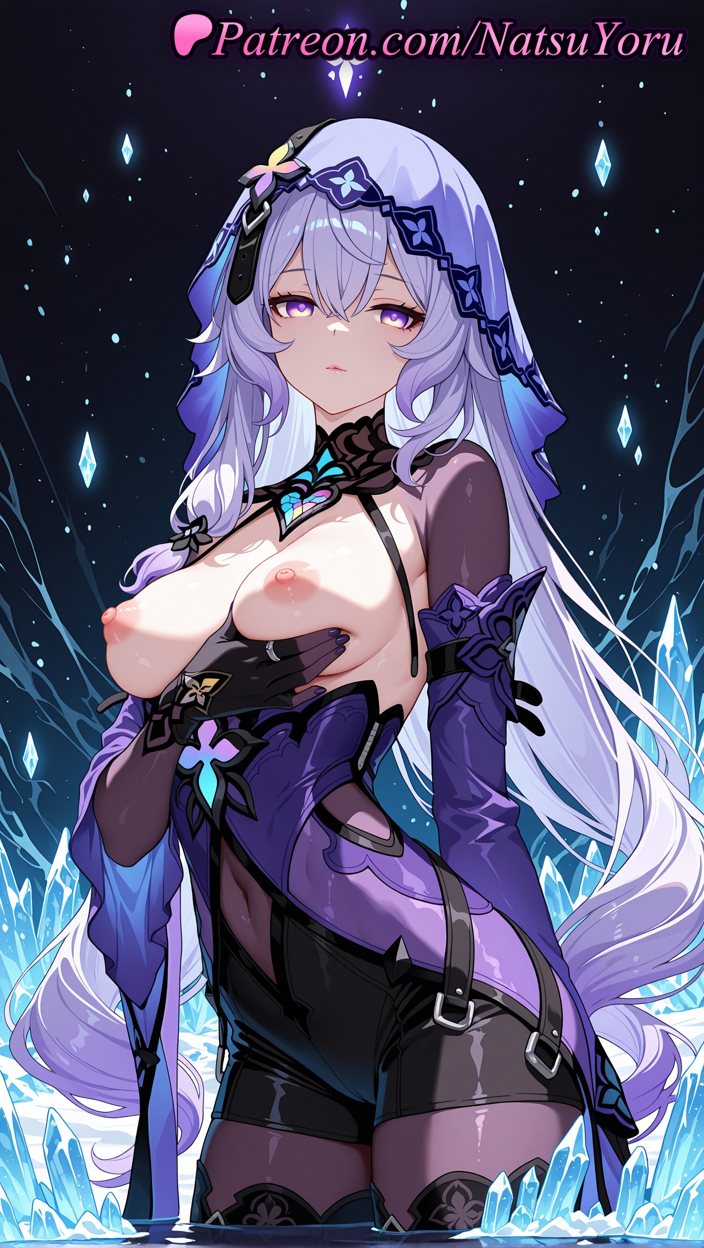 1girls, 2025, ai assisted, ai generated, anime, anime style, arm under breasts, asian, bangs, bare shoulders, black background, black gloves, black swan (honkai: star rail), bodystocking, breasts, breasts out, bust, busty, closed mouth, covered navel, cowboy shot, crossed bangs, dress, elbow gloves, female, female focus, female only, gloves, grabbing own breast, hair between eyes, hi res, high quality, high resolution, highres, honkai (series), honkai: star rail, hoyoverse, large breasts, lips, long hair, long sleeves, looking at viewer, medium breasts, nail polish, natsuyoru, nipples, nipples outside, official alternate costume, pantyhose, parted lips, patreon, purple dress, purple eyes, purple hair, purple nails, shorts, solo, solo female, stable diffusion, standing, thighhighs, uncensored nipples, veil, very long hair, voluptuous, voluptuous female, wading, water