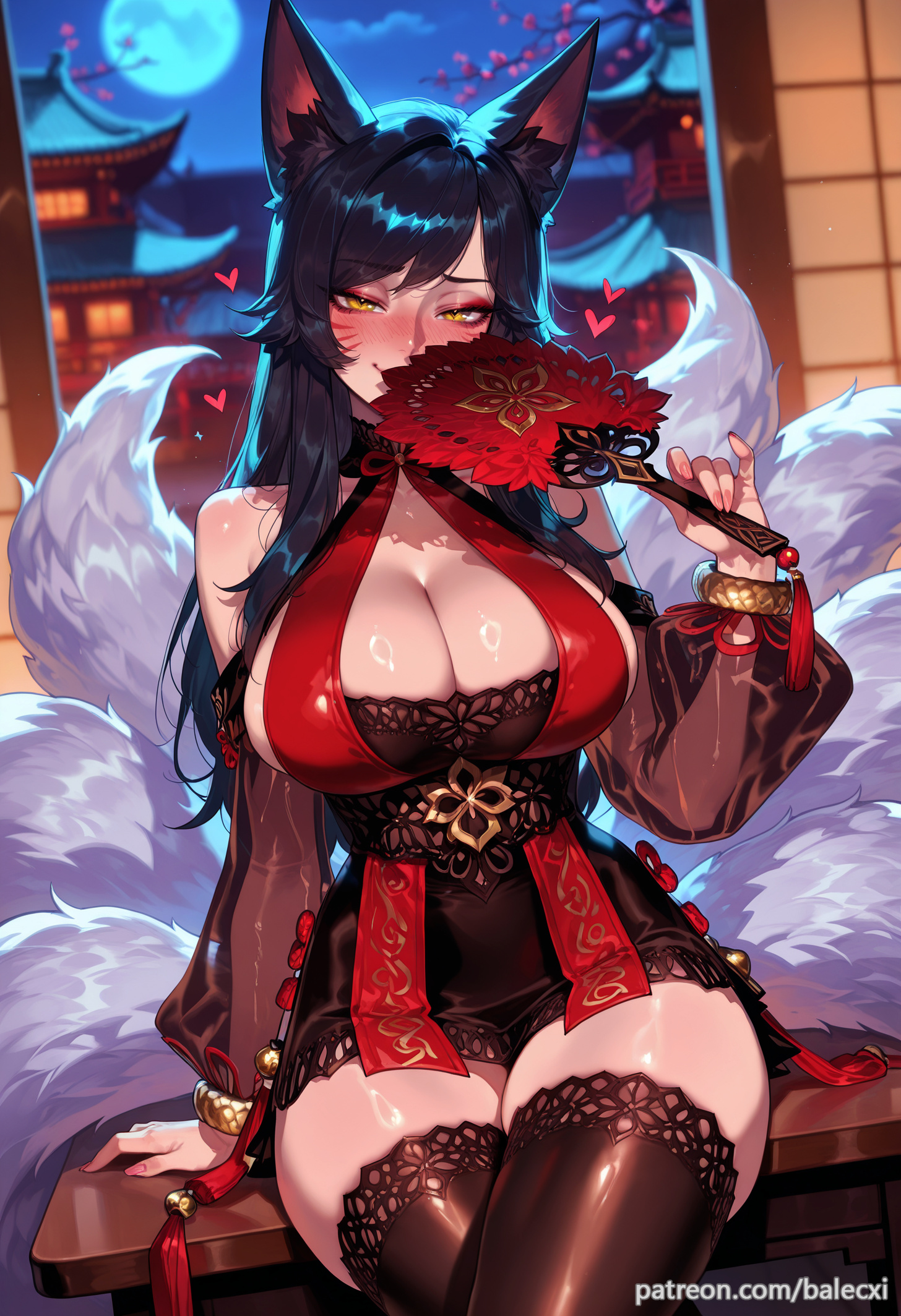 ahri, ahri (league of legends), ai generated, animal ears, balecxi, bare shoulders, black hair, blush, breasts, cleavage, crossed legs, detached sleeves, dress, facial mark, female, fox ears, fox girl, fox tail, hand fan, heart, hooters, large breasts, league of legends, long hair, looking at viewer, moon, multi tail, patreon username, see-through, sitting, solo, thighhighs, thighs, whisker markings, yellow eyes