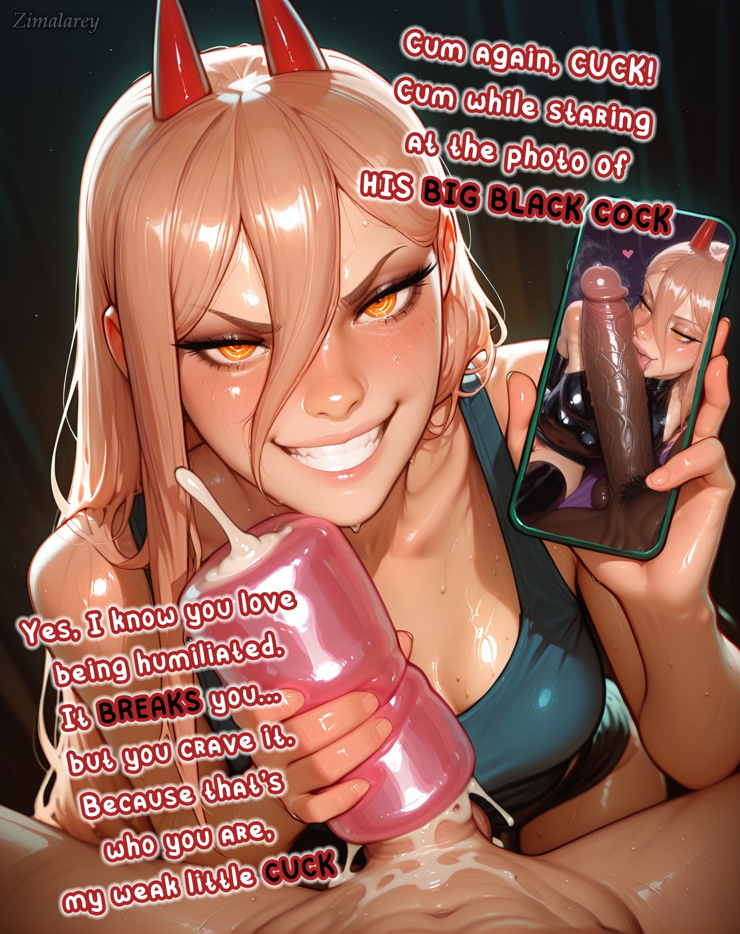1girls, 2boys, ai generated, big penis, chainsaw man, cuckold, cuckold orgasm, cuckold pov, cum, dark skin, dark-skinned male, denji (chainsaw man), english text, fellatio, female, fleshlight, fleshlight for cuck, handjob, interracial, looking at viewer, male, penis size difference, pov, power (chainsaw man), sex toy, small penis, small penis humiliation, teasing cuck, teasing cuck with phone, text, zimalarey