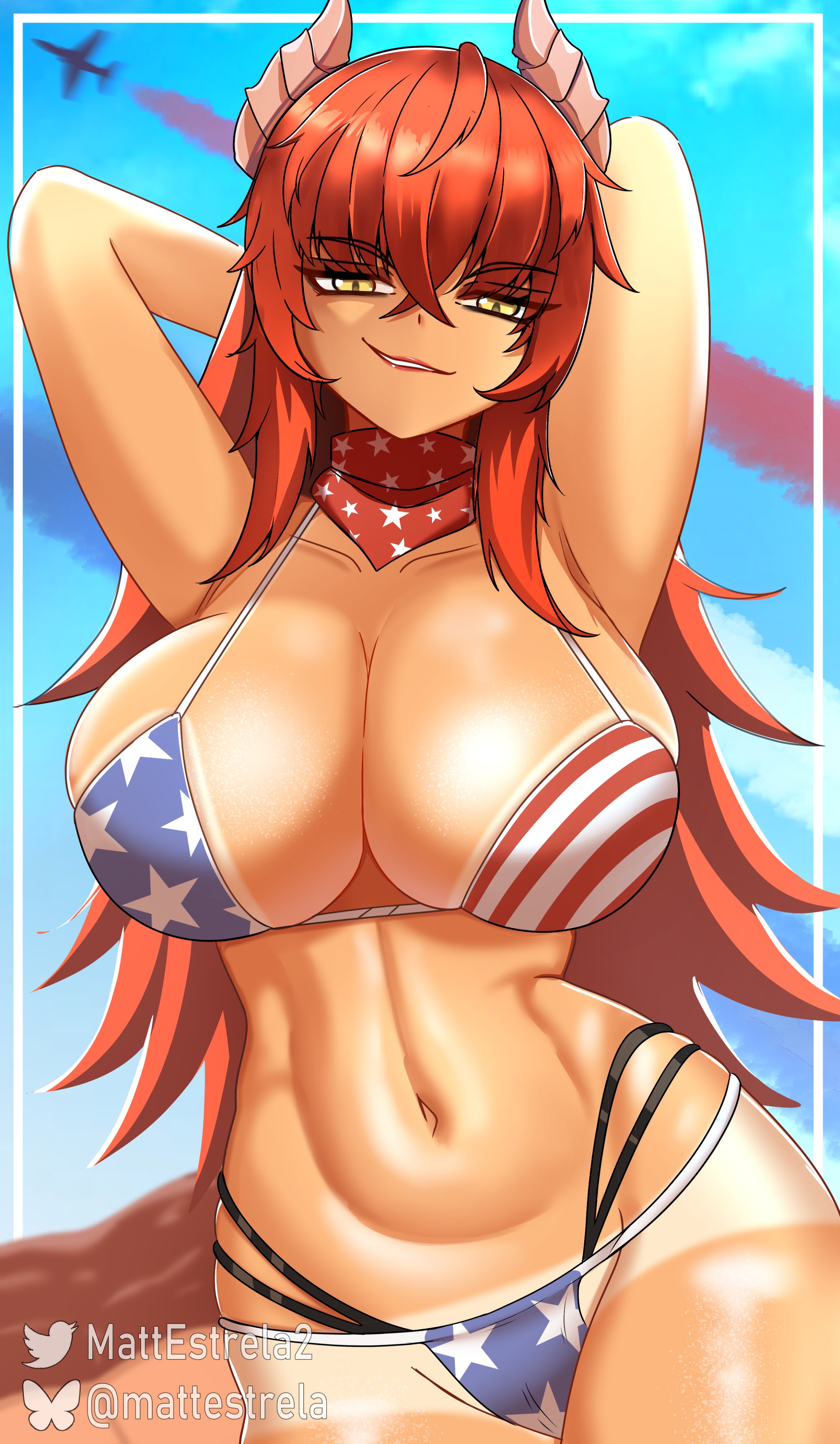 1girls, american flag bikini, arms behind head, big breasts, bikini, breasts, cleavage, dragon girl, dragon horns, female, flag bikini, flag print, horns, huge breasts, looking at viewer, red hair, swimsuit, virtual youtuber, vshojo, yellow eyes, zentreya, zentreya (cowboy bikini)