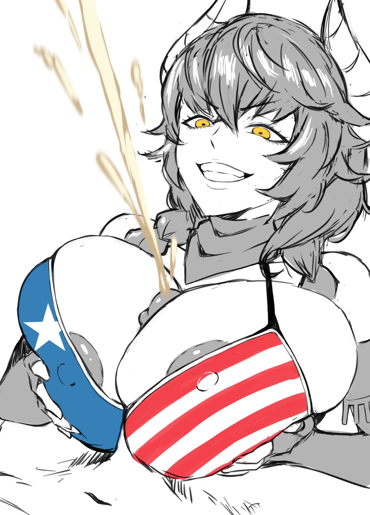 1boy, 1girls, american flag bikini, bikini, bikini top, breasts, cum, cumming from paizuri, cumshot, dragon girl, dragon horns, dragon humanoid, ejaculation, ejaculation between breasts, evil grin, female, flag bikini, flag print, gorgenzolla, happy female, happy paizuri, horns, huge breasts, looking at penis, male, monochrome, outercourse, paizuri, paizuri under bikini, partial male, penis, penis between breasts, swimsuit paizuri, swimzuri, teeth, unseen male face, virtual youtuber, vshojo, yellow eyes, zentreya, zentreya (cowboy bikini)