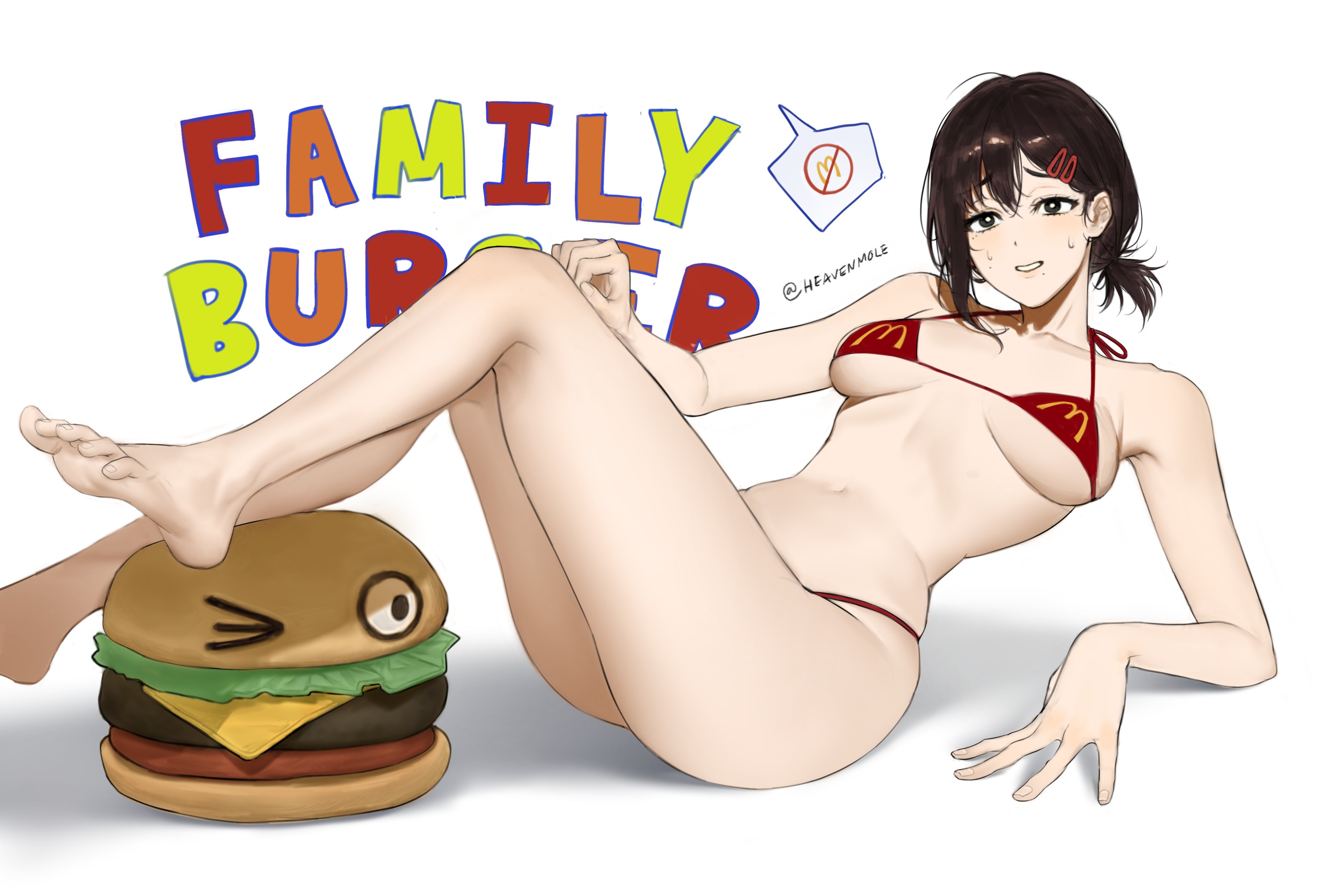 1girls, 2d, artist name, barefoot, bikini, black eyes, black hair, blush, bra, breasts, burger, chainsaw man, collarbone, embarrassed female, feet, female, female only, food, full body, hair ornament, hairclip, heavenmole, hi res, higashiyama kobeni, highres, kobeni higashiyama, laying, laying down, light skin, light-skinned female, mcdonald's, medium breasts, mole, mole under mouth, pale skin, pale-skinned female, short hair, simple background, slim waist, small bra, soles, solo, solo female, spread toes, sweat, sweatdrop, text, thighs, tied hair, toe curl, toes, white background